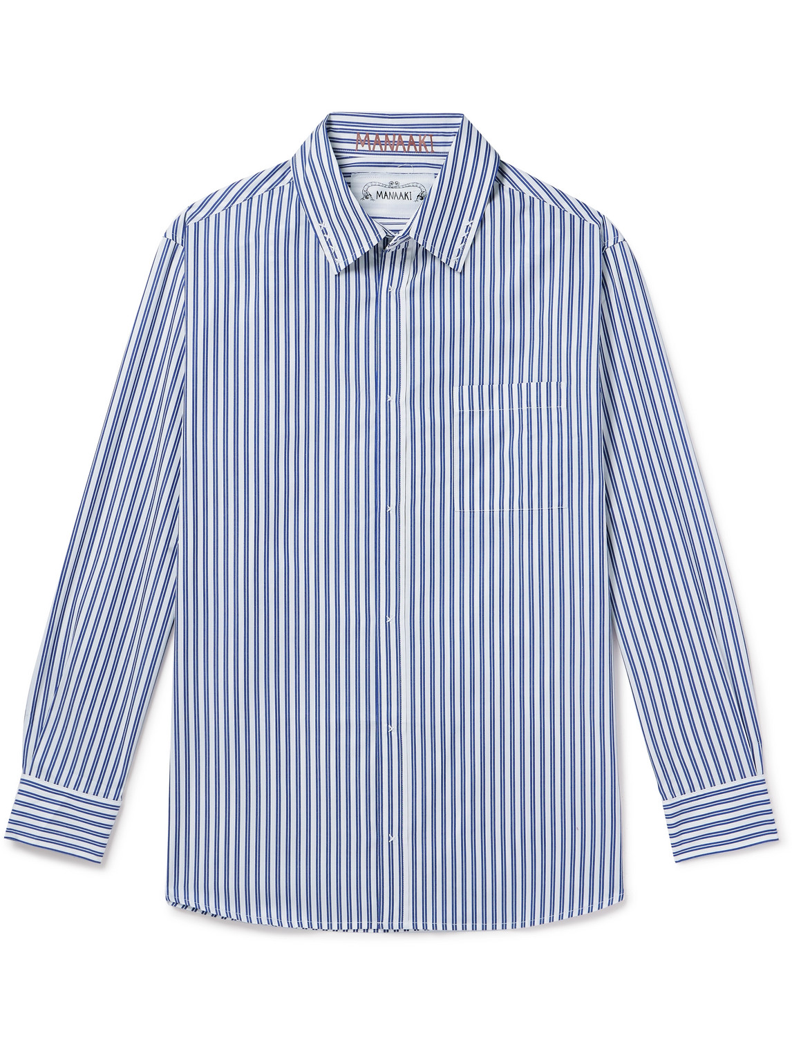 Manaaki Mahi Embroidered Striped Cotton-poplin Shirt In Blue