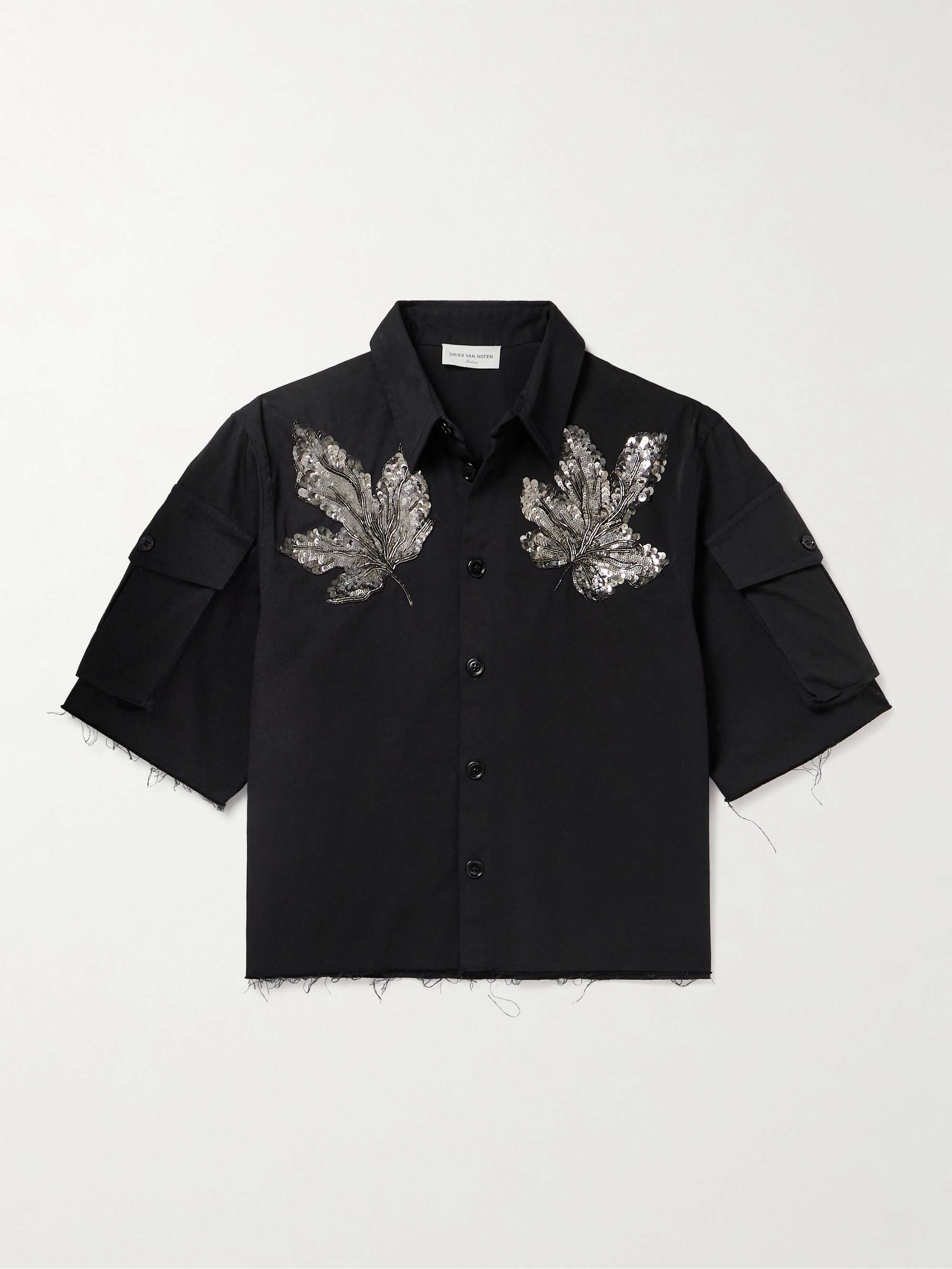 DRIES VAN NOTEN Embellished Cropped Frayed Cotton-Gabardine Shirt 