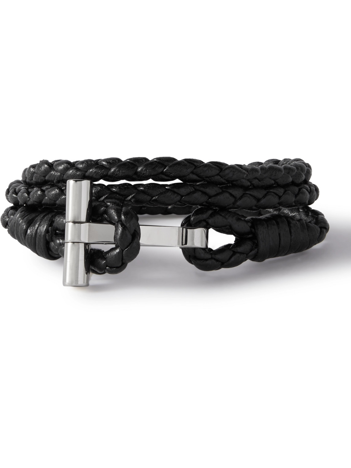 Shop Tom Ford Woven Leather And Silver-tone Wrap Bracelet In Black