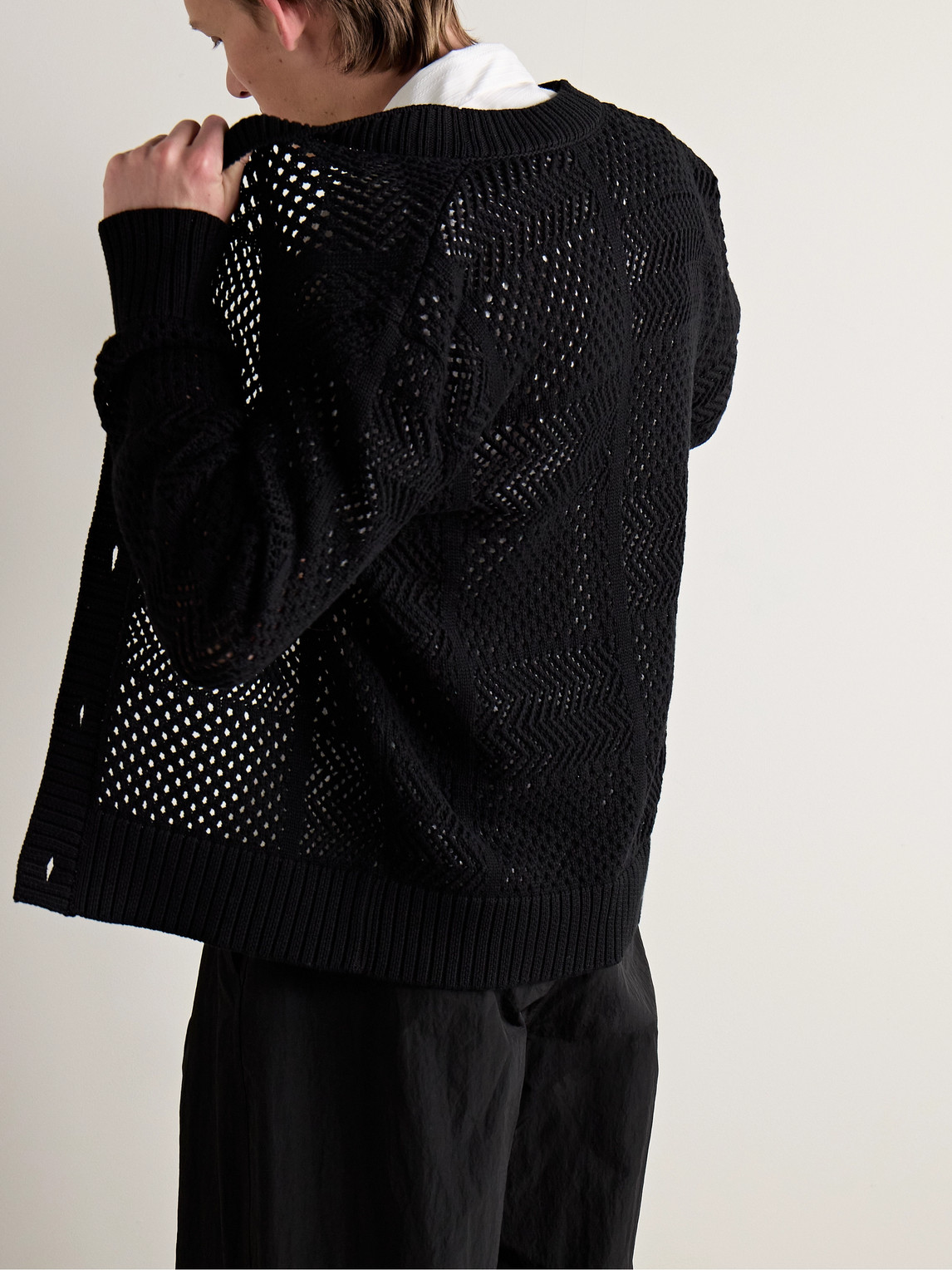 Shop Mr P Open-knit Cotton Cardigan In Black