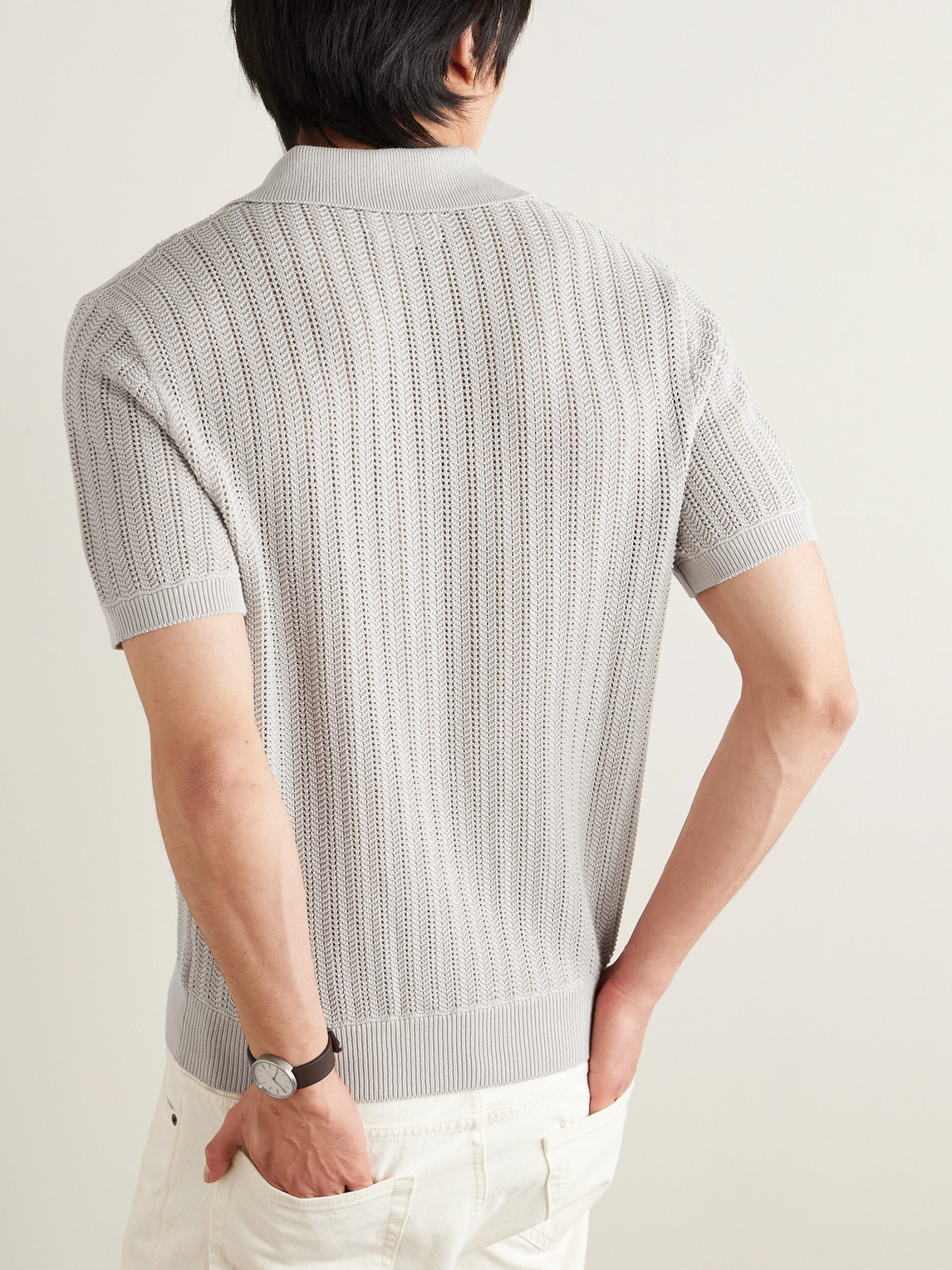 Shop Mr P Open-knit Ribbed Cotton Polo Shirt In Gray