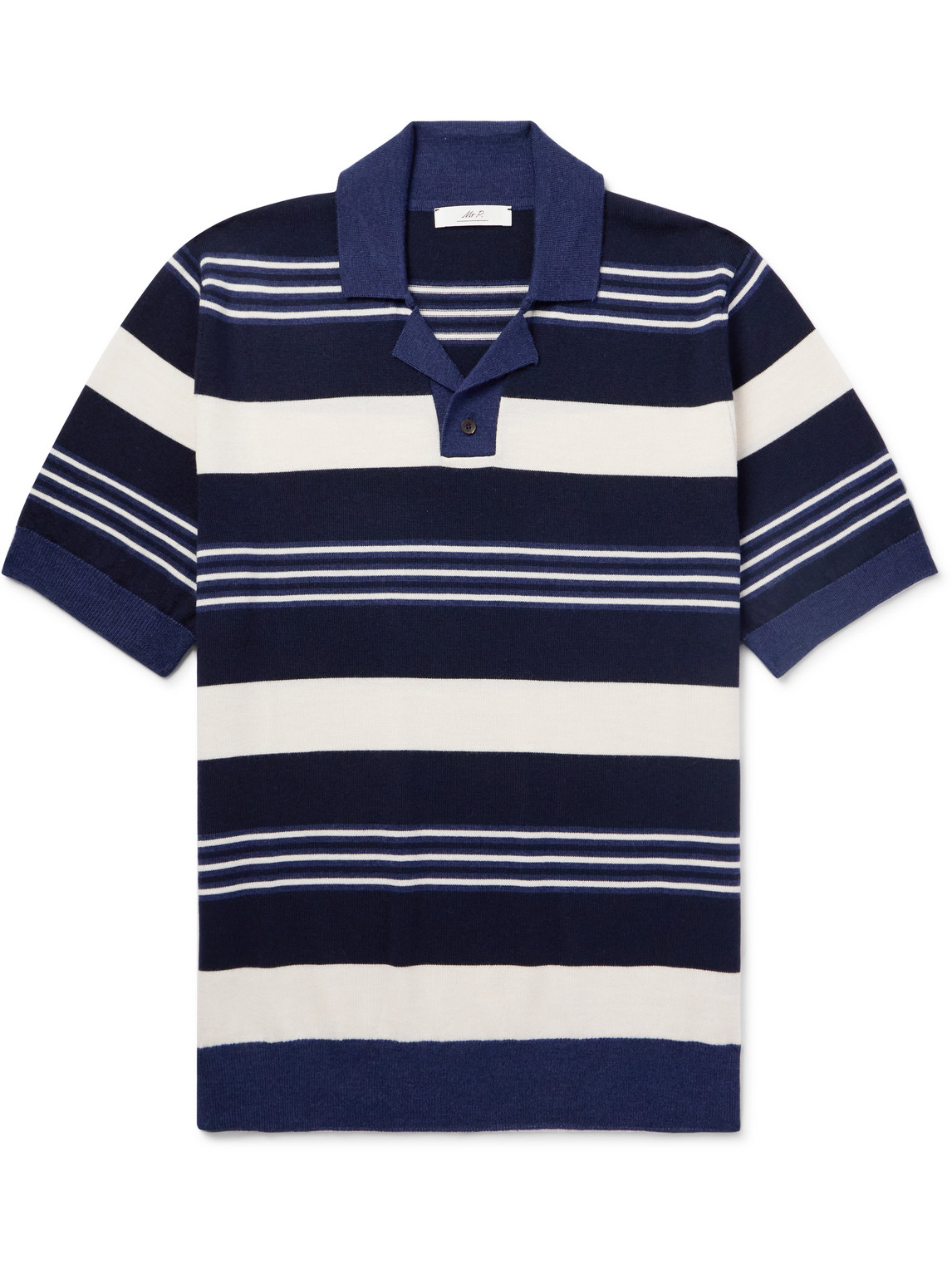 Camp-Collar Striped Merino Wool Polo Shirt