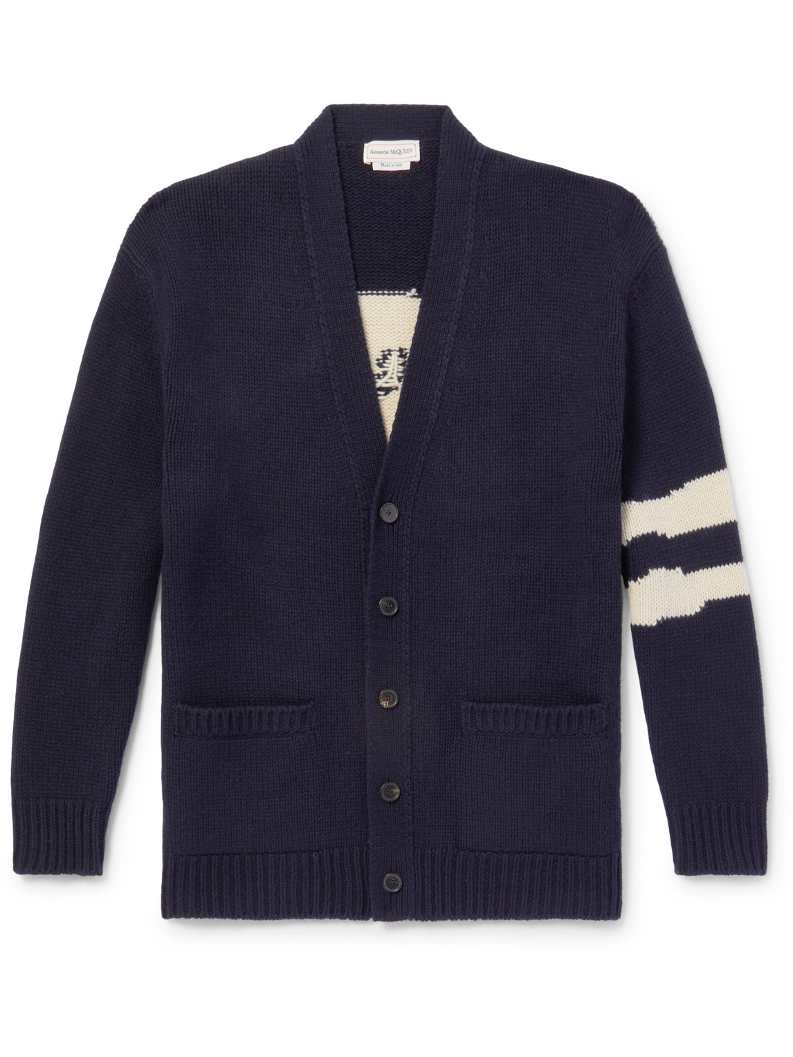 Alexander Mcqueen Intarsia Wool And Cashmere-blend Cardigan In Blue