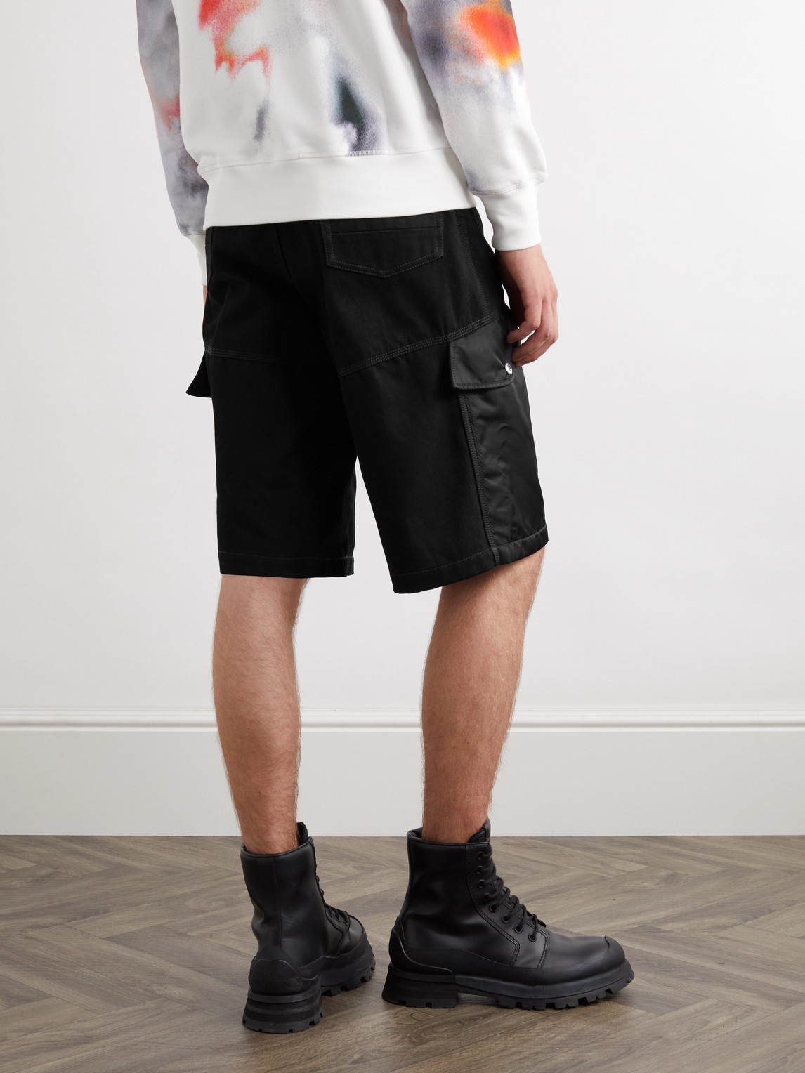 Shop Alexander Mcqueen Straight-leg Shell-trimmed Denim Cargo Shorts In Black