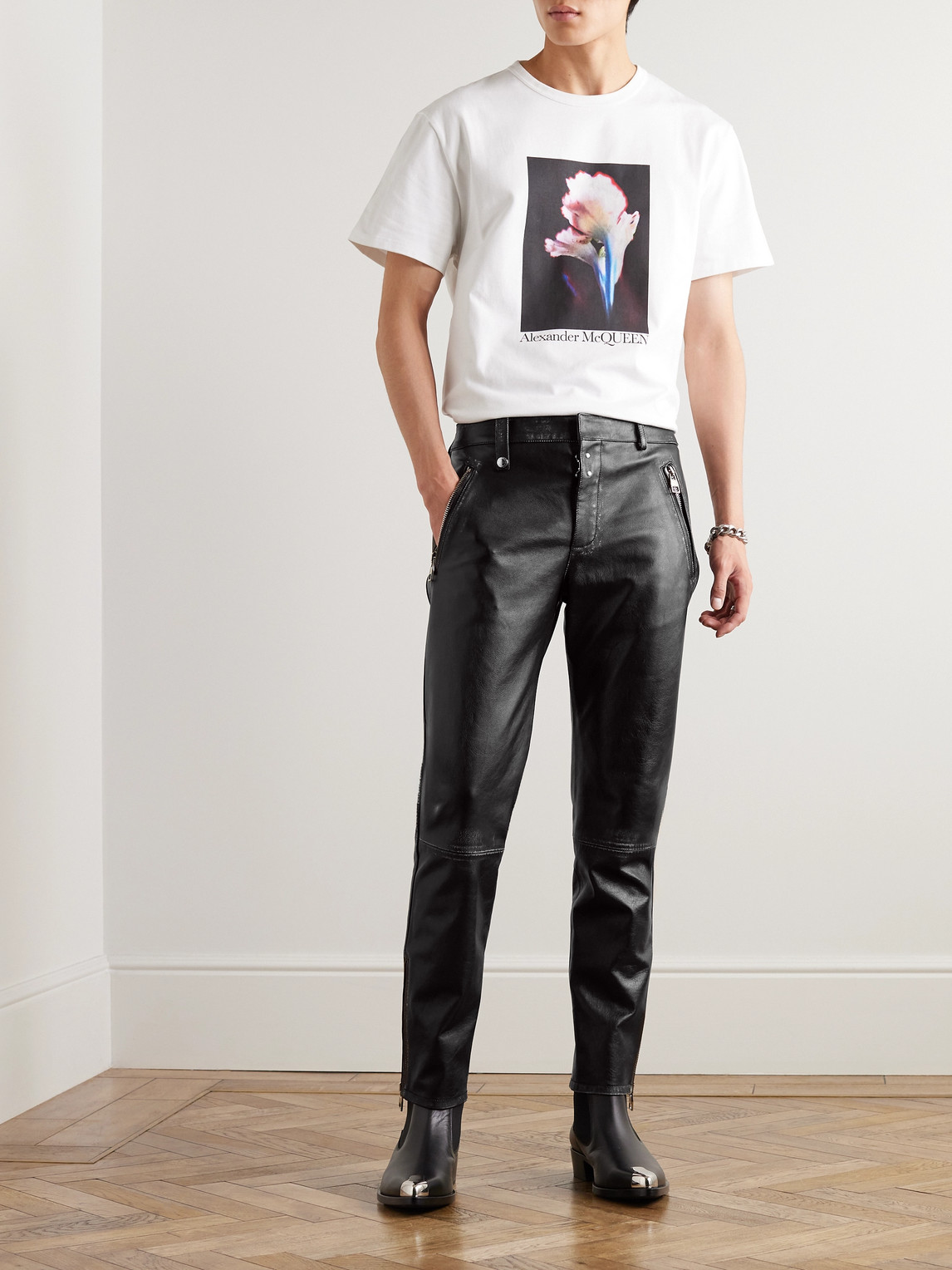 Shop Alexander Mcqueen Slim-fit Zip-detailed Leather Trousers In Black