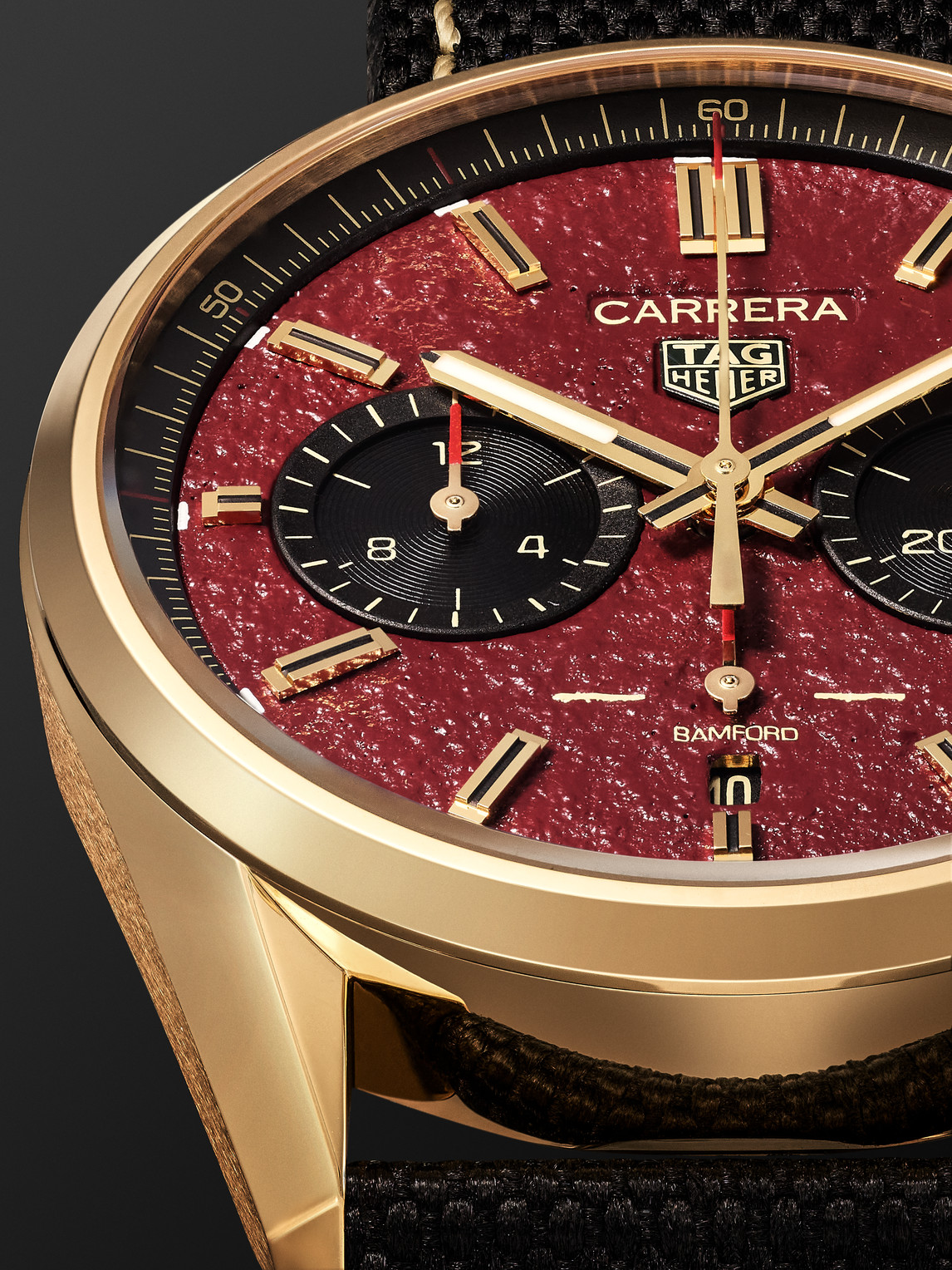 Shop Bamford Watch Department Tag Heuer Carrera Limited Edition Automatic 42mm 18-karat Gold And Canvas Watch In Red
