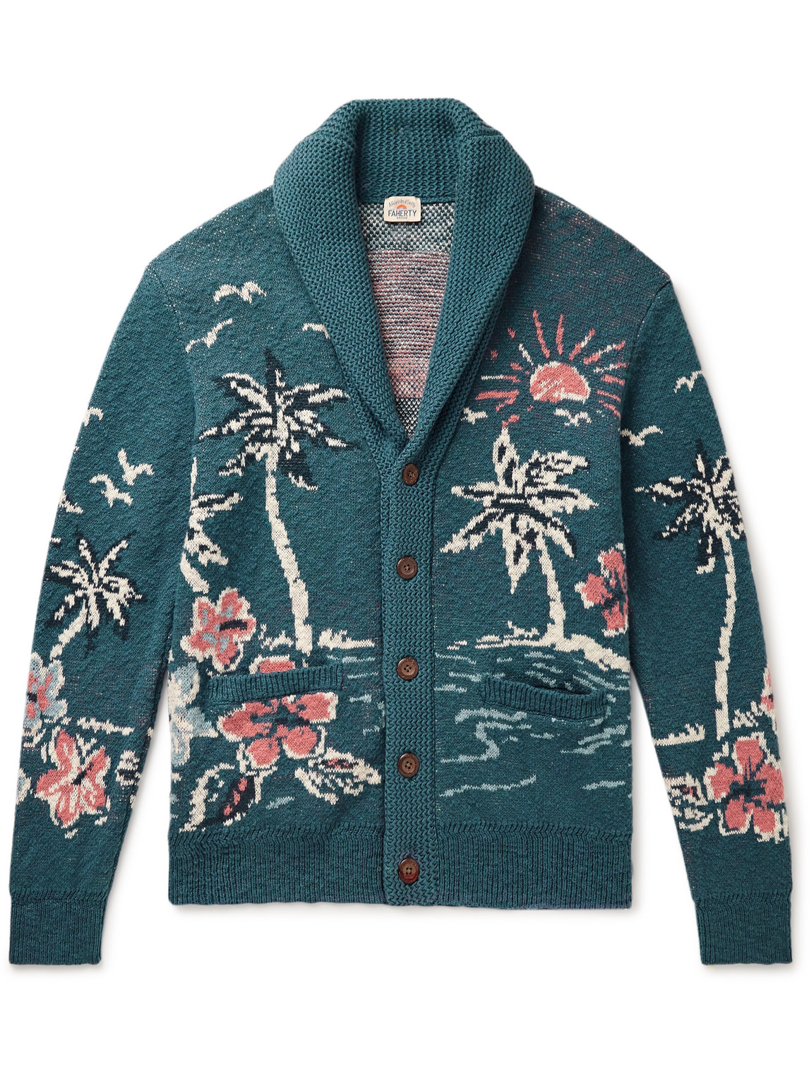 Faherty Offshore Swell Shawl-collar Jacquard-knit Organic Cotton Cardigan In Blue