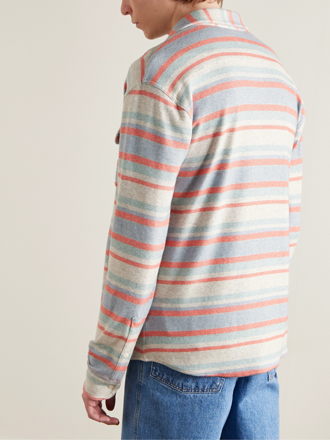Shop Faherty Legend™ Striped Brushed Stretch Recycled-knit Shirt In Blue