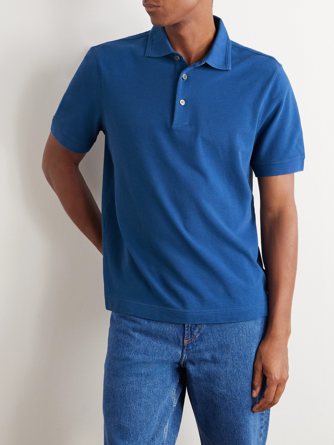 Shop Mr P Slim-fit Cotton-piqué Polo Shirt In Blue