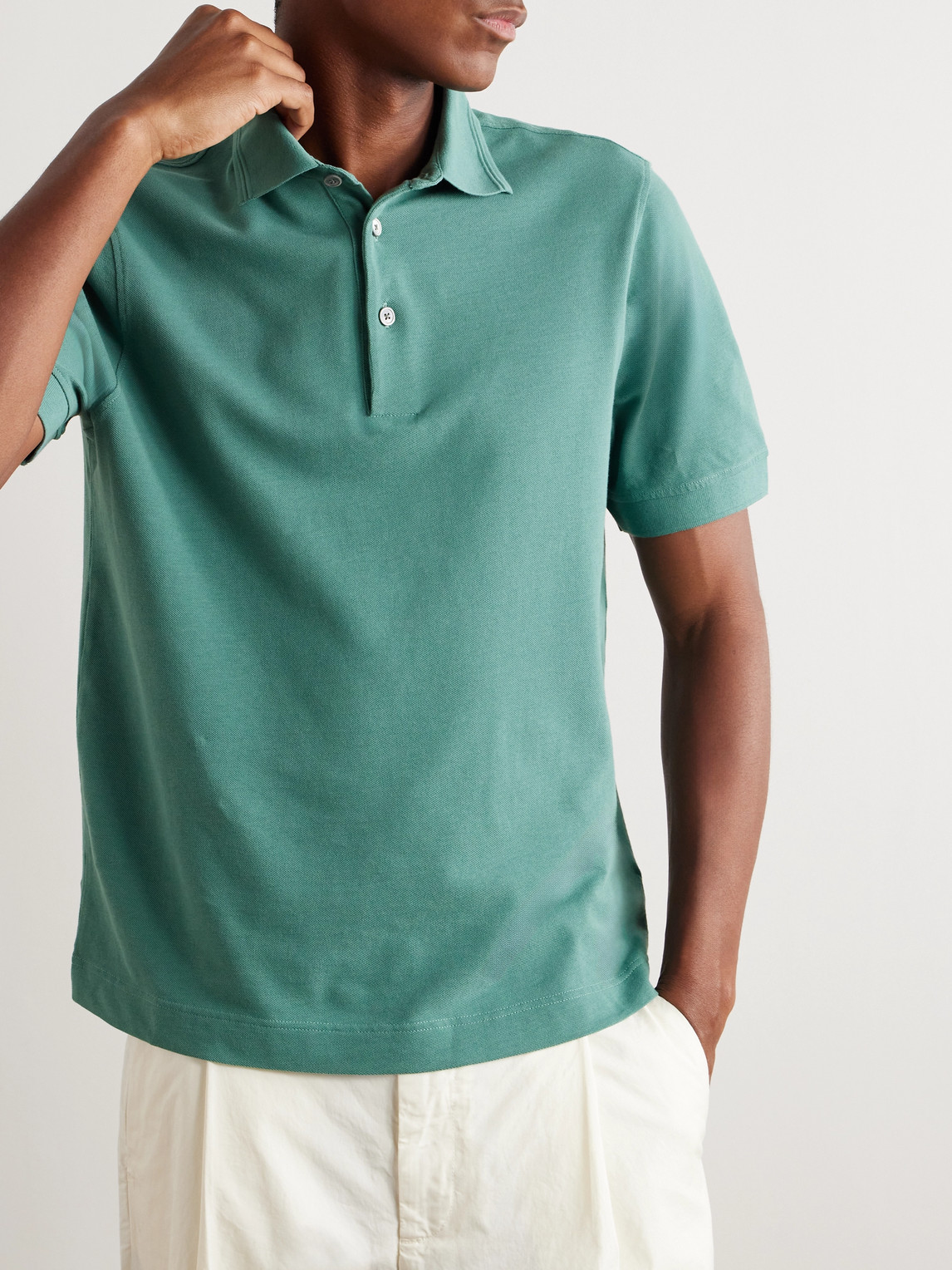 Shop Mr P Slim-fit Cotton-piqué Polo Shirt In Green