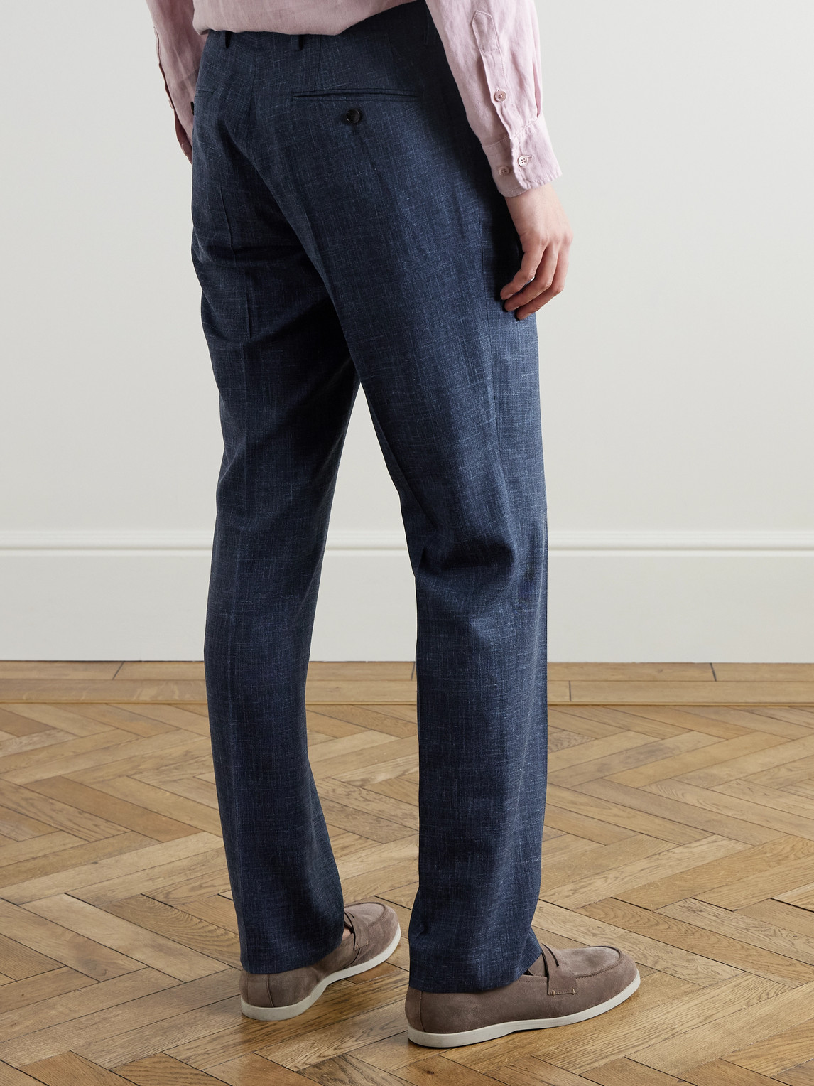 Shop Mr P Mike Straight-leg Pleated Wool, Silk And Linen-blend Suit Trousers In Blue