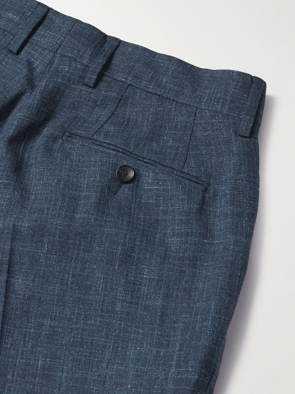 Shop Mr P Mike Straight-leg Pleated Wool, Silk And Linen-blend Suit Trousers In Blue