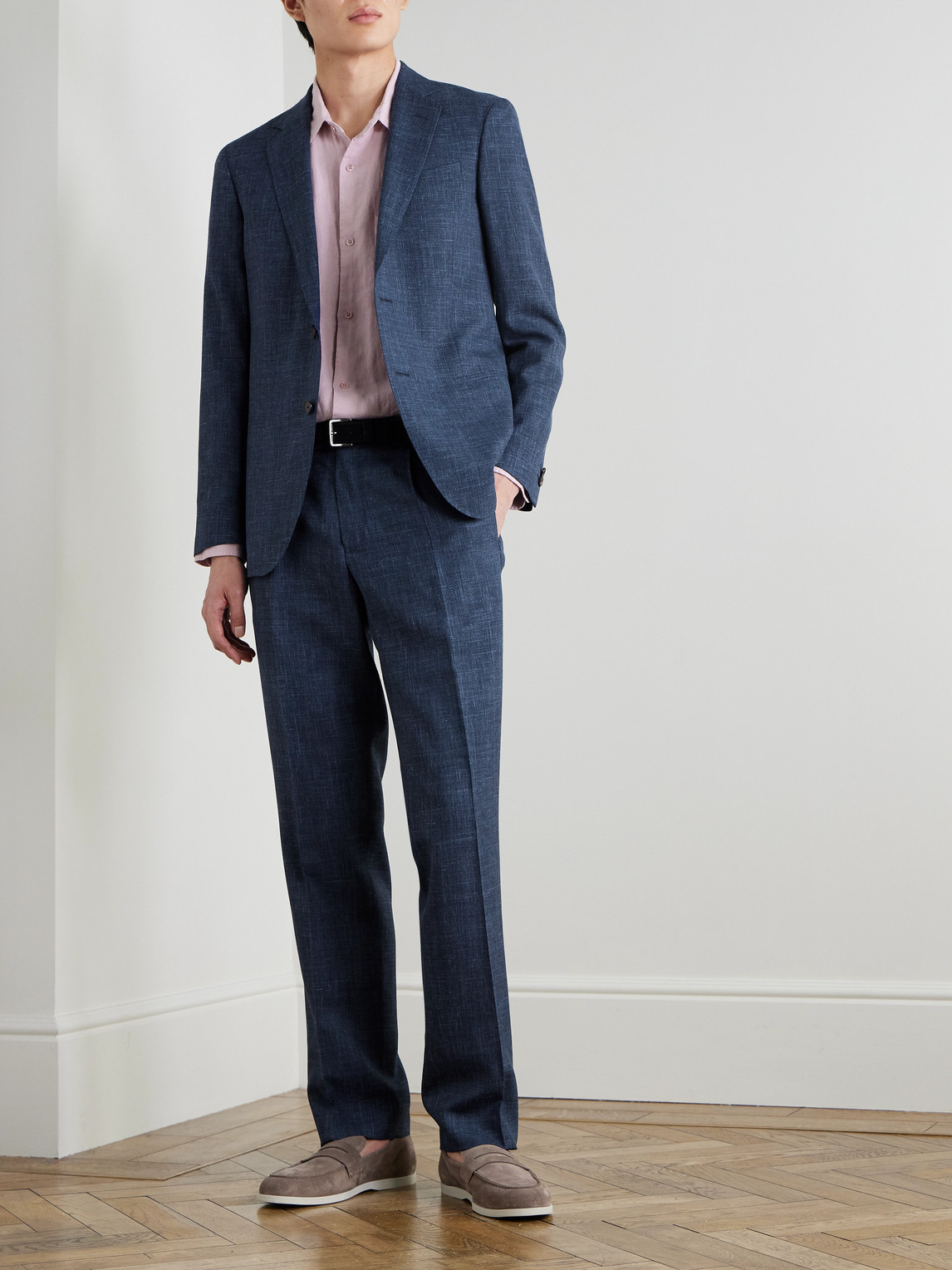 Mr P Mike Straight-leg Pleated Wool, Silk And Linen-blend Suit Trousers In Blue