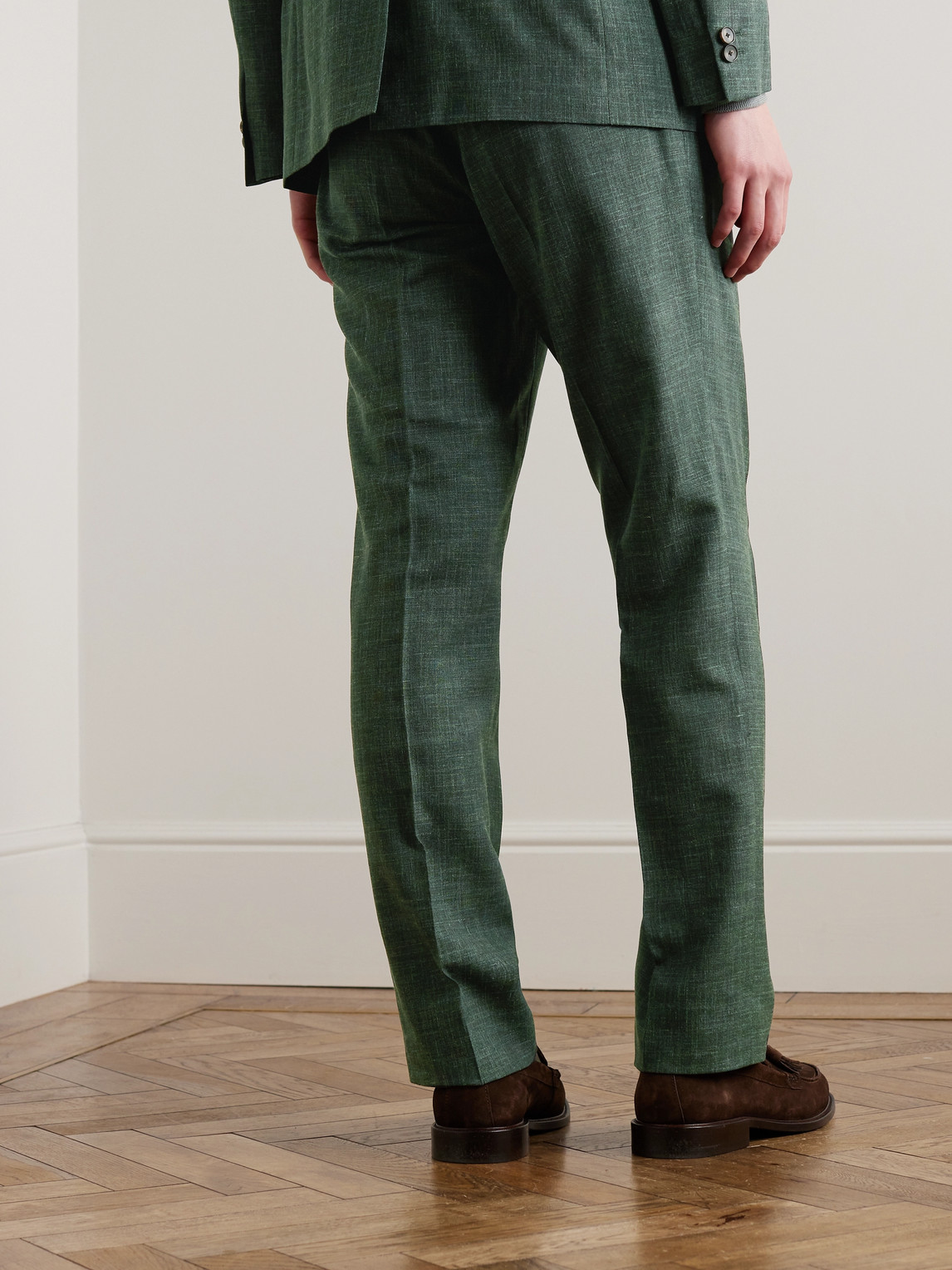 Shop Mr P Mike Straight-leg Pleated Wool, Silk And Linen-blend Suit Trousers In Green