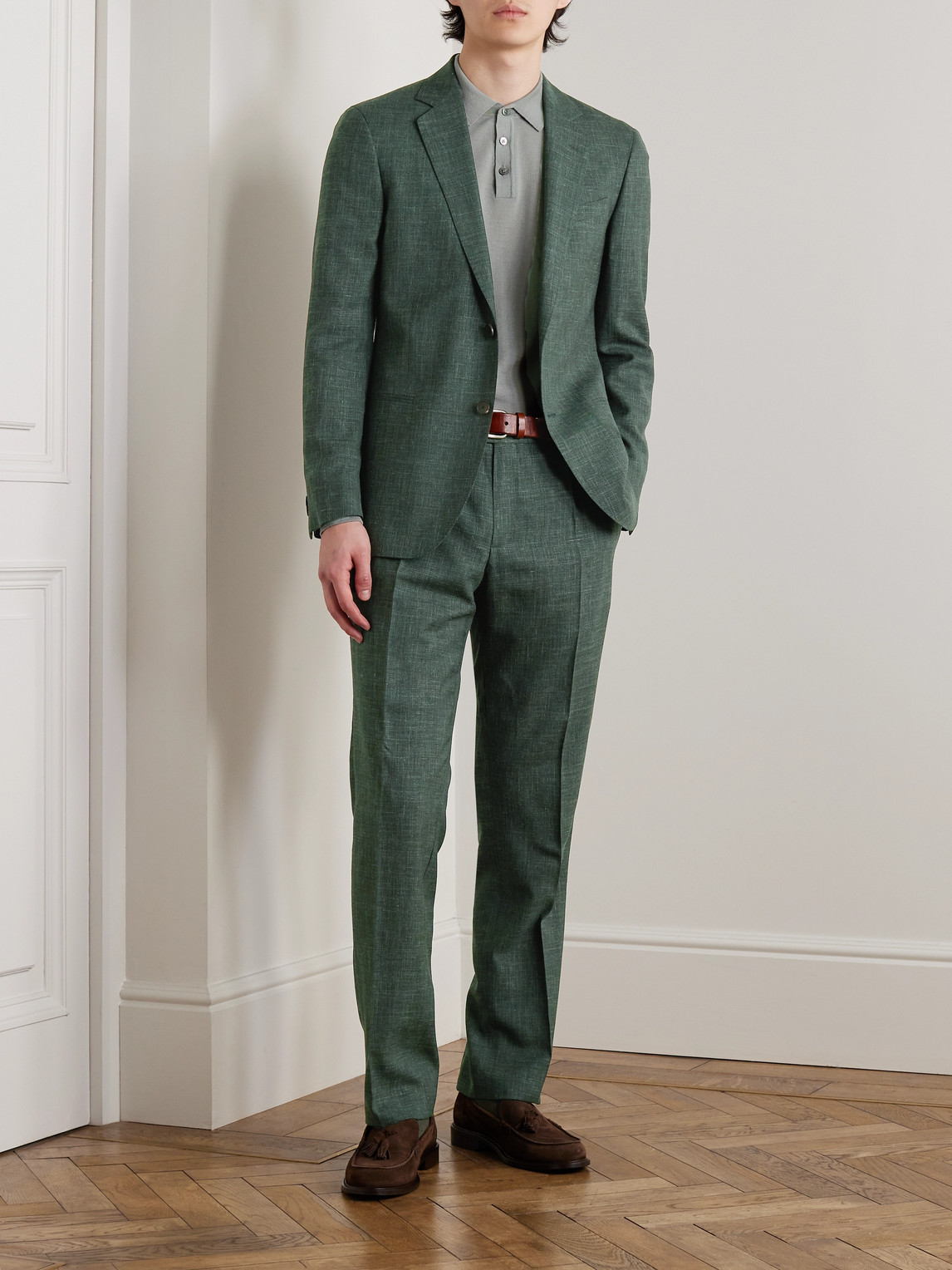 Shop Mr P Mike Straight-leg Pleated Wool, Silk And Linen-blend Suit Trousers In Green