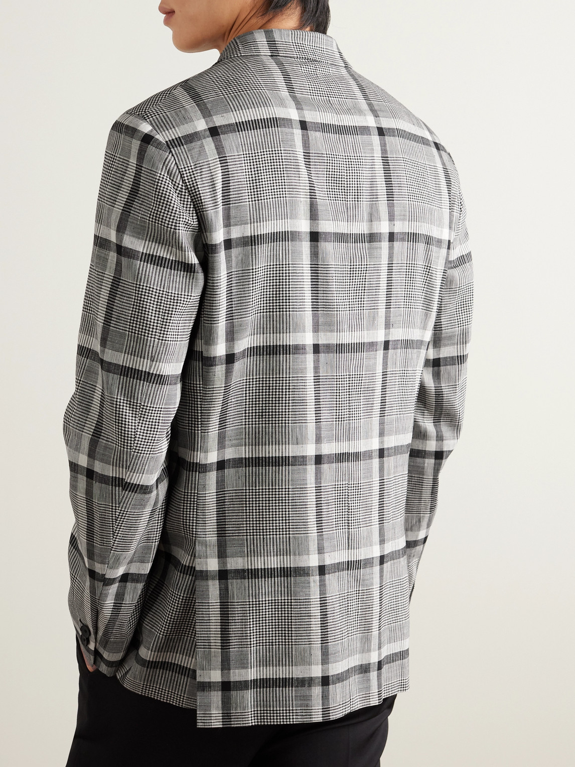 Shop Mr P Double-breasted Checked Linen-blend Blazer In Black