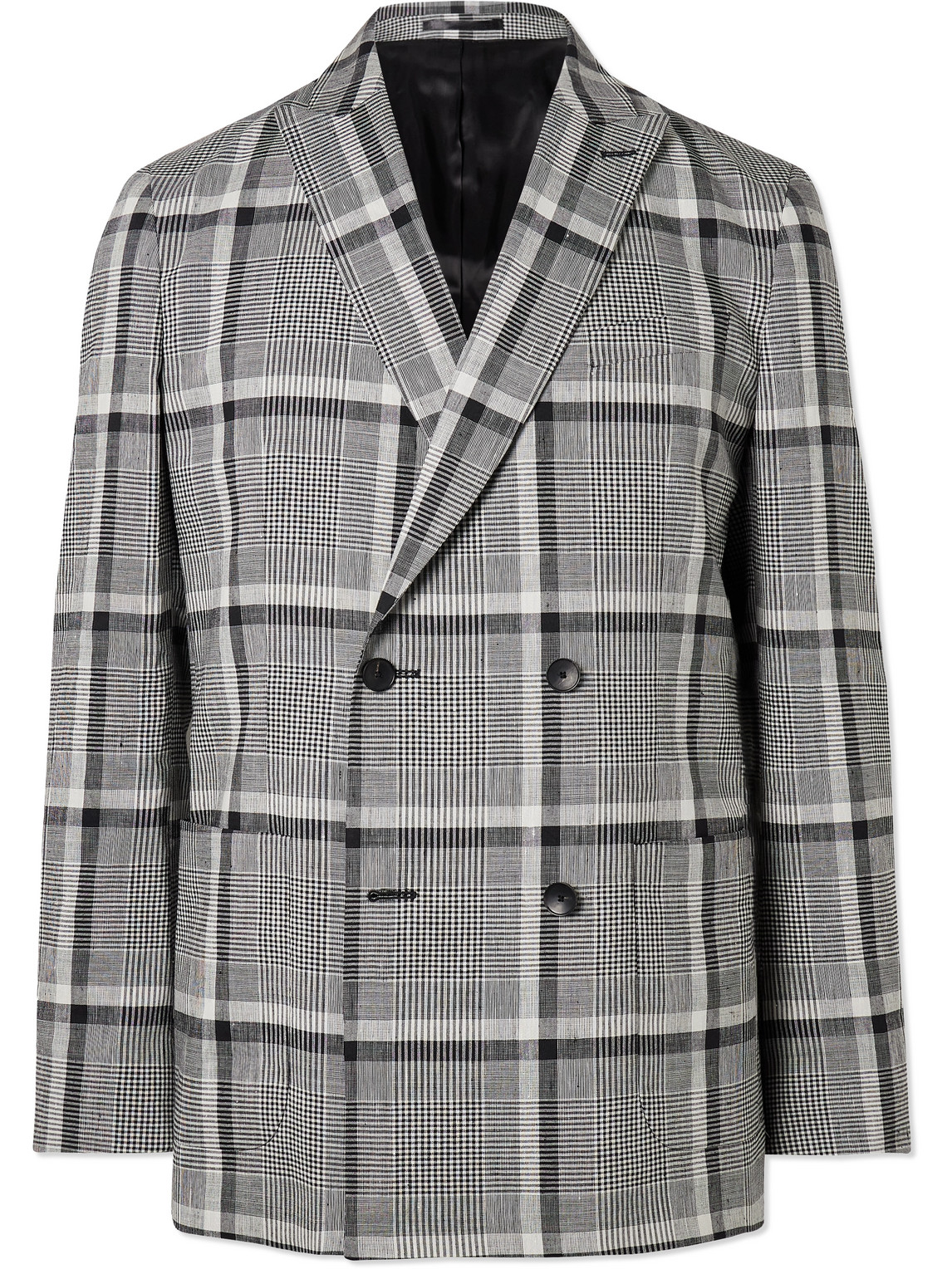 Mr P Double-breasted Checked Linen-blend Blazer In Black