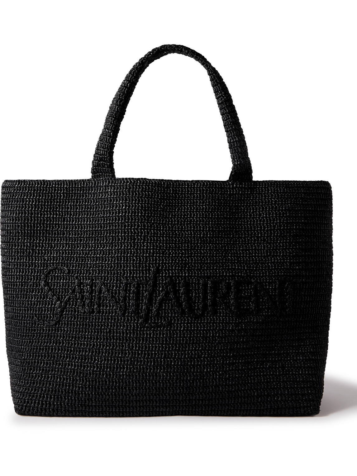 Saint Laurent Logo-embroidered Raffia Tote In Black
