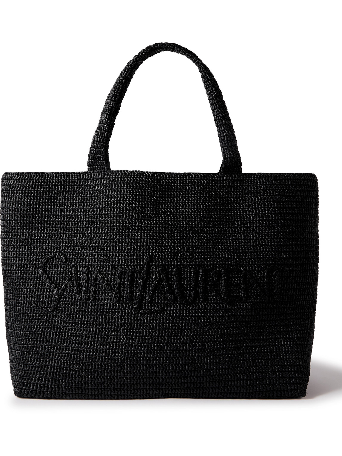 Saint Laurent Logo-embroidered Raffia Tote In Blue