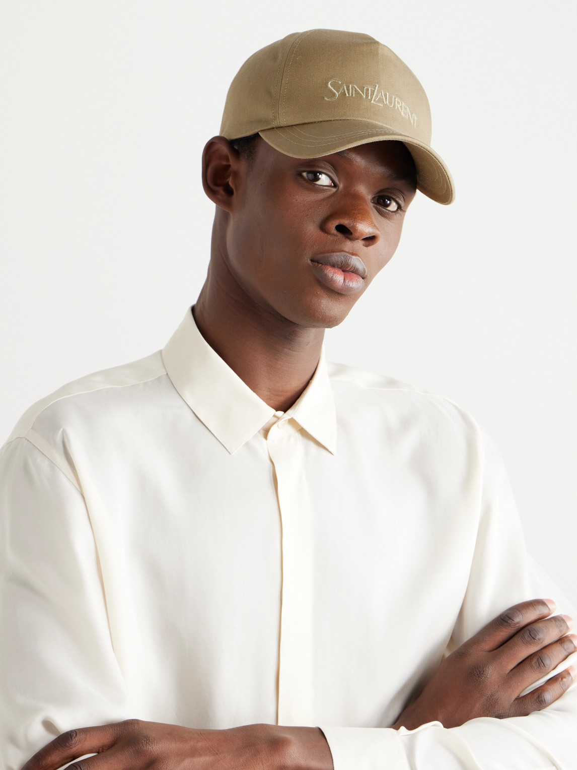 Shop Saint Laurent Logo-embroidered Cotton And Linen-blend Gabardine Baseball Cap In Neutrals