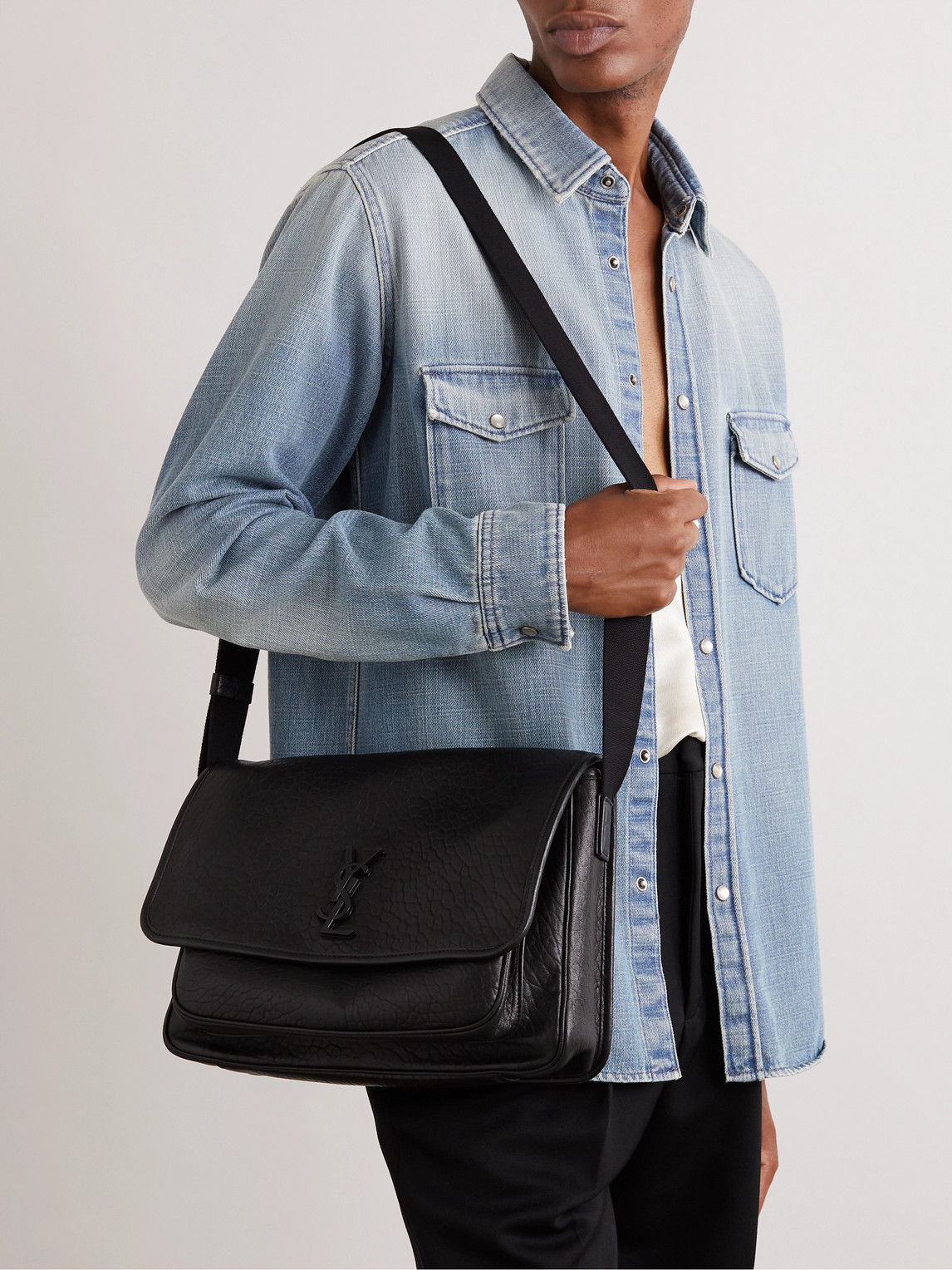 Shop Saint Laurent Niki Textured-leather Messenger Bag In Black