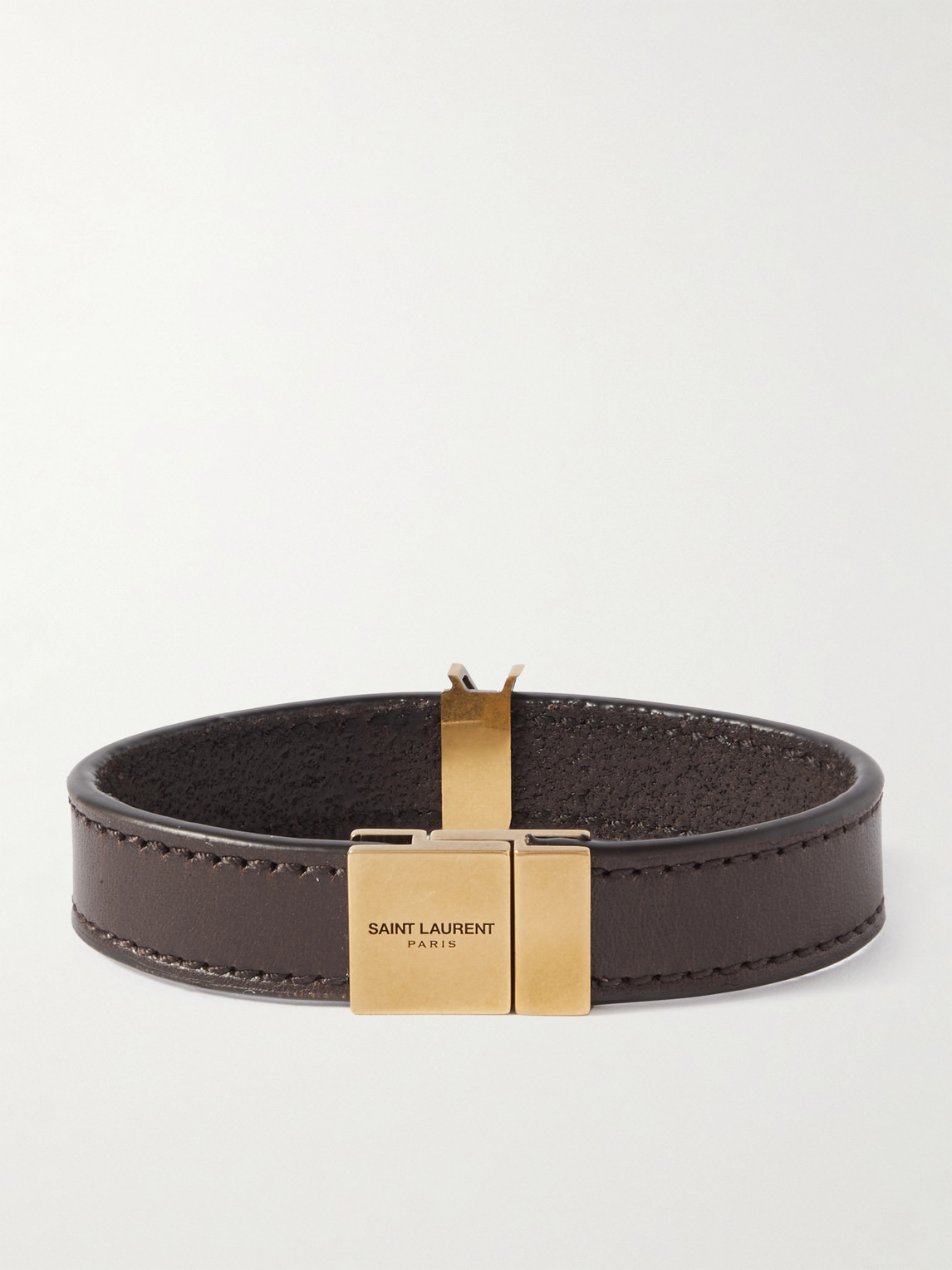 Shop Saint Laurent Cassandre Logo-embellished Leather And Gold-tone Bracelet In Brown
