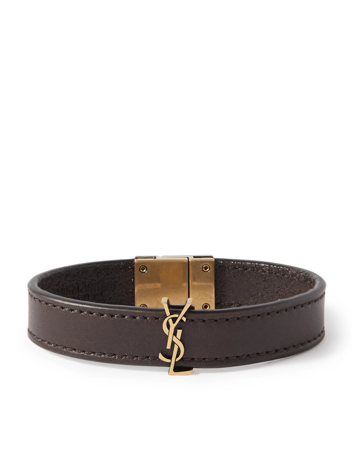Shop Saint Laurent Cassandre Logo-embellished Leather And Gold-tone Bracelet In Brown