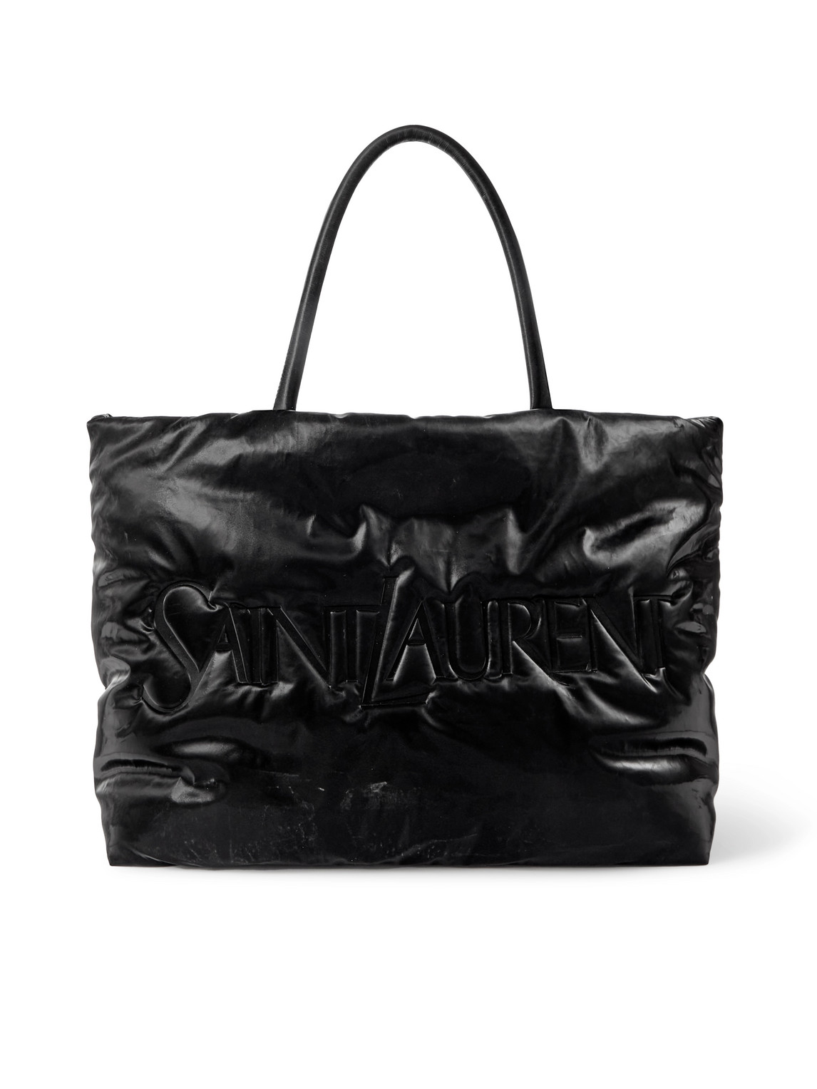 Shop Saint Laurent Logo-debossed Glossed-shell Tote Bag In Black