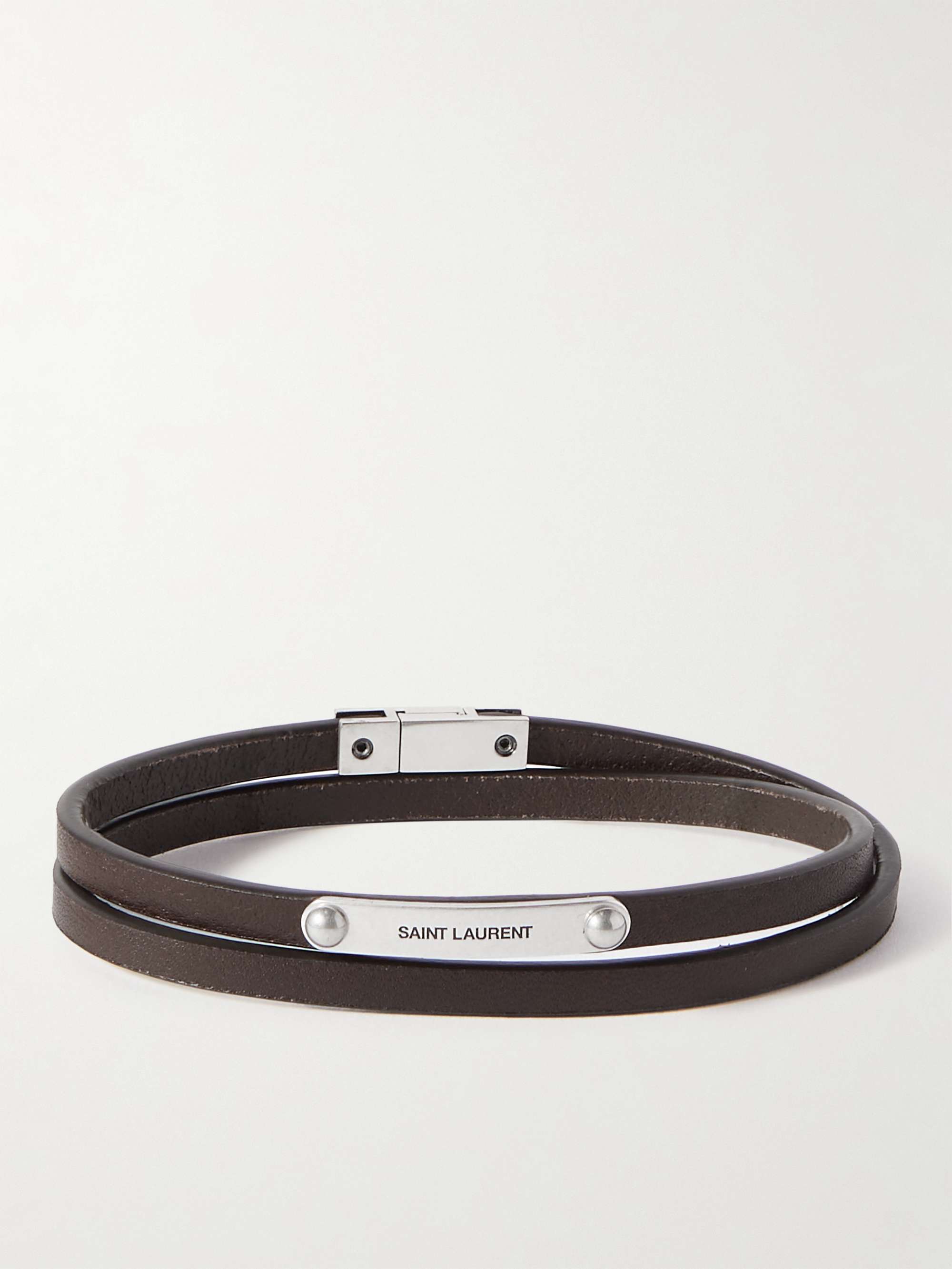 SAINT LAURENT Cassandre Silver-Tone and Leather Bracelet for Men | MR ...