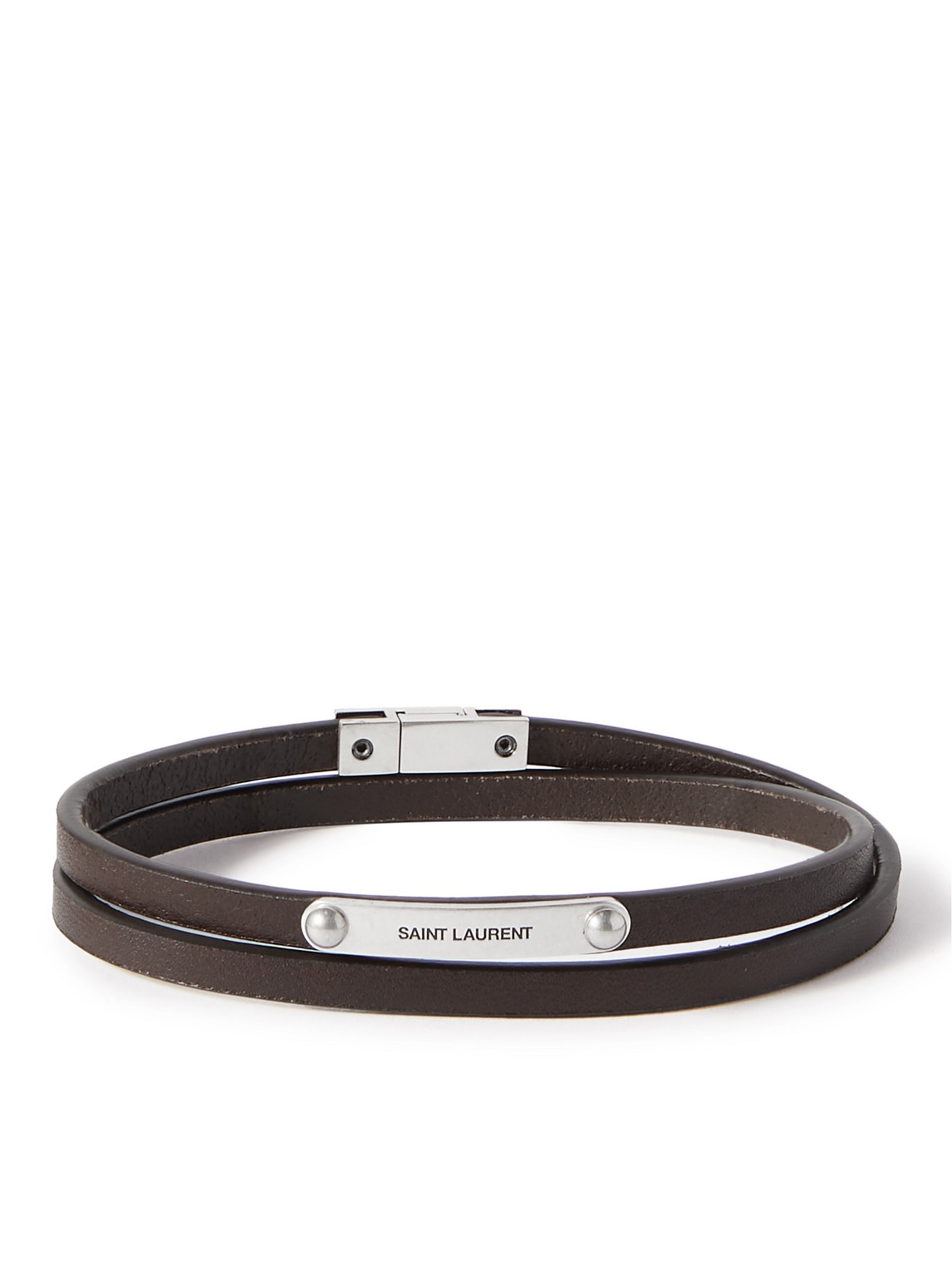 Saint Laurent Cassandre Silver-tone And Leather Bracelet In Black