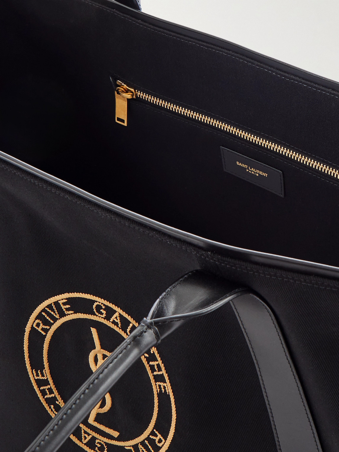 Shop Saint Laurent Leather-trimmed Logo-embroidered Cotton-gabardine Tote Bag In Black