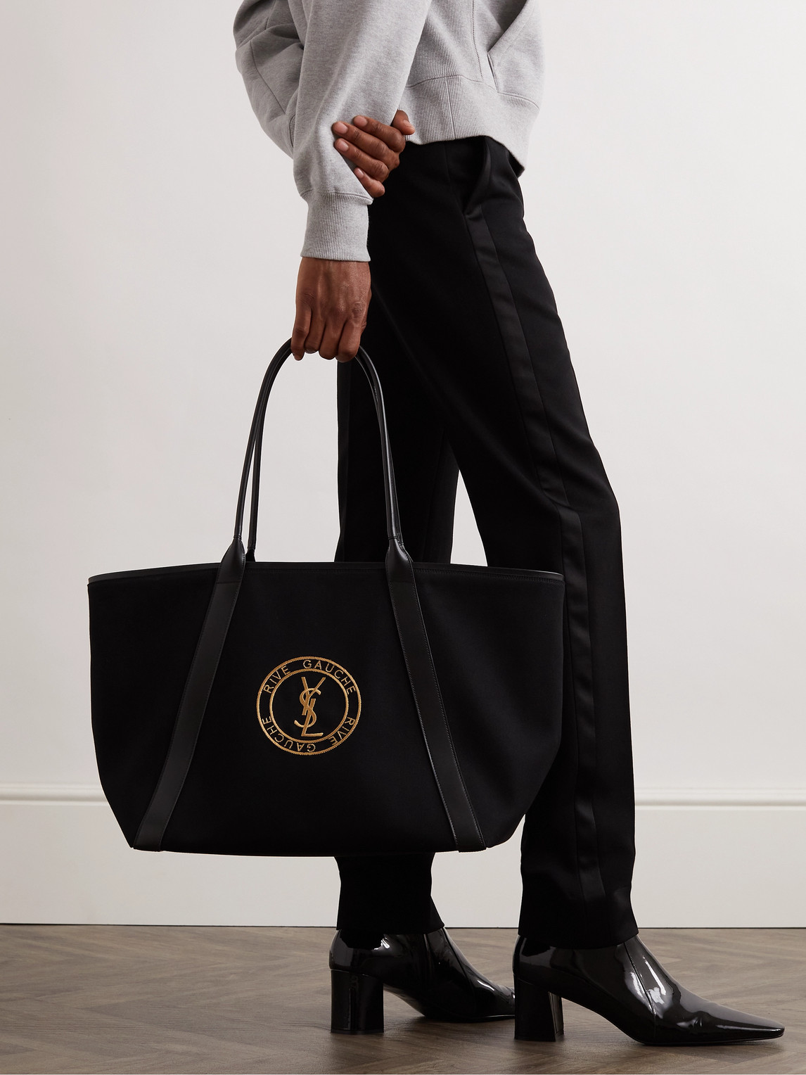 Shop Saint Laurent Leather-trimmed Logo-embroidered Cotton-gabardine Tote Bag In Black