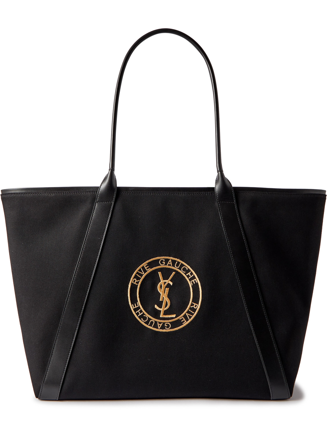 Saint Laurent Leather-trimmed Logo-embroidered Cotton-gabardine Tote Bag In Black