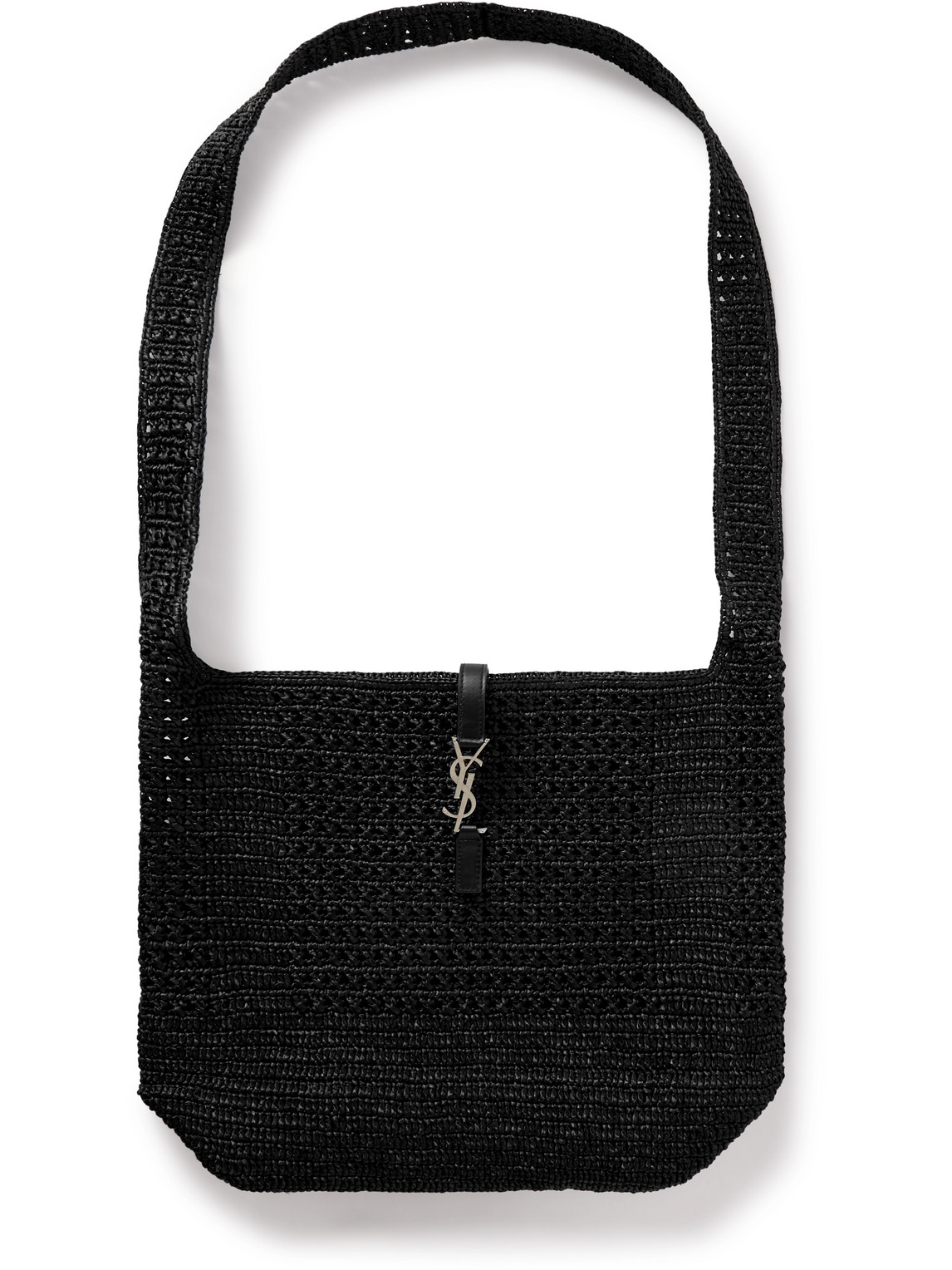 Saint Laurent Le 5 À 7 Medium Cabas Leather-trimmed Raffia Messenger Bag In Black