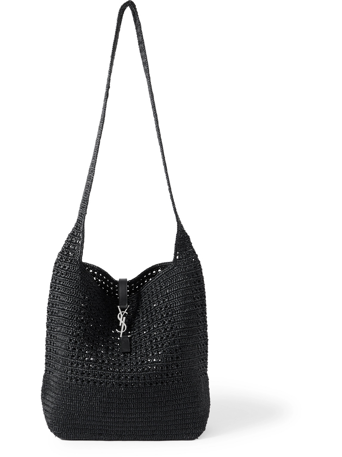 Saint Laurent Le 5 À 7 Medium Cabas Leather-trimmed Raffia Messenger Bag In Black