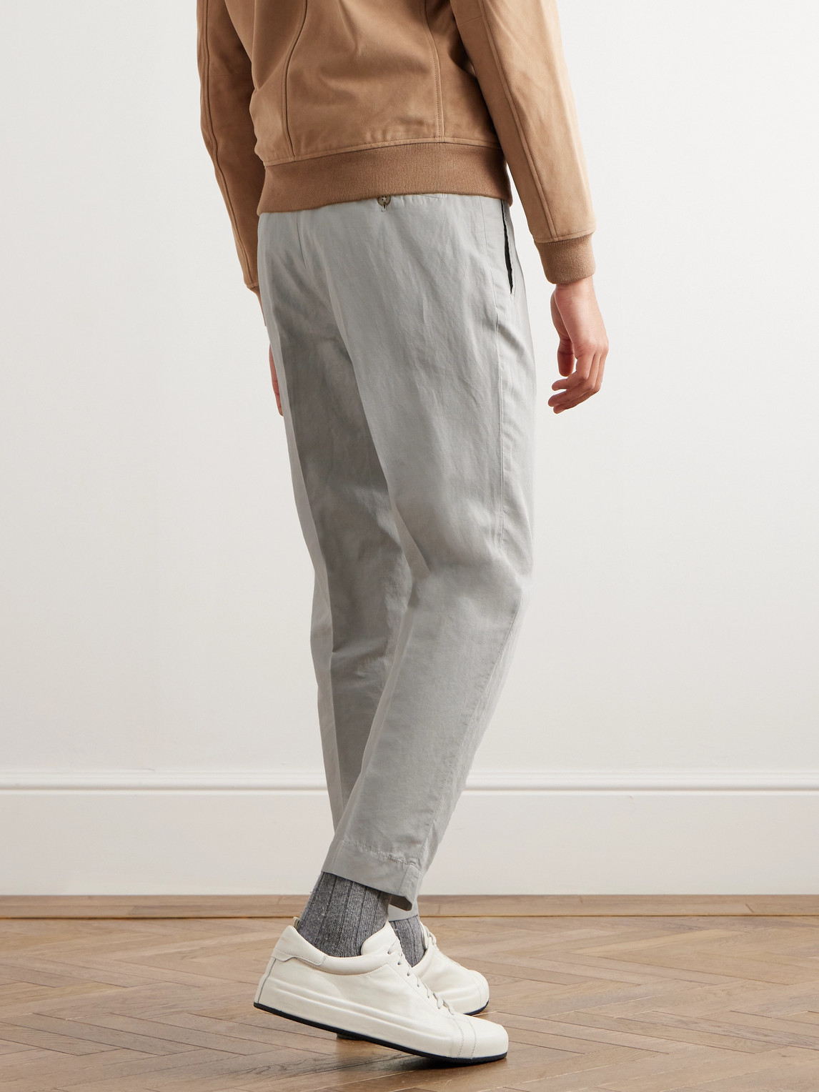 Shop Incotex Tapered Cropped Pleated Chinolino Trousers In Gray