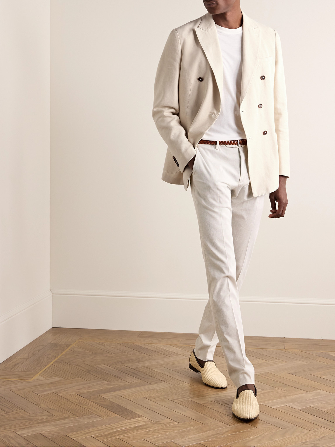 Shop Incotex Montedoro Unstructured Double-breasted Basketweave Cotton And Ramie-blend Blazer In White