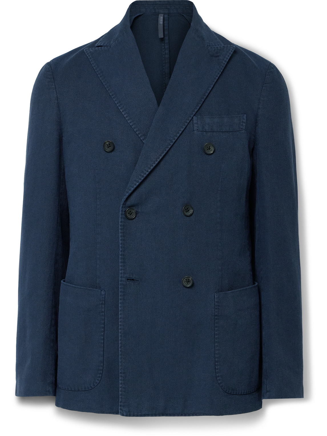 Incotex Montedoro Unstructured Double-breasted Cotton And Ramie-blend Blazer In Blue