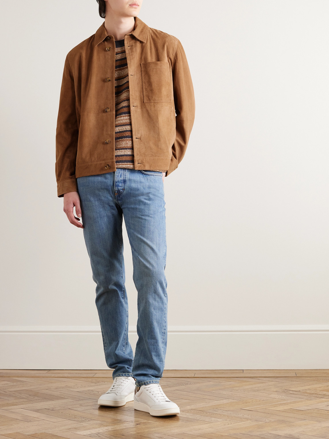 Shop Baracuta Perforated Suede Blouson Jacket In Brown