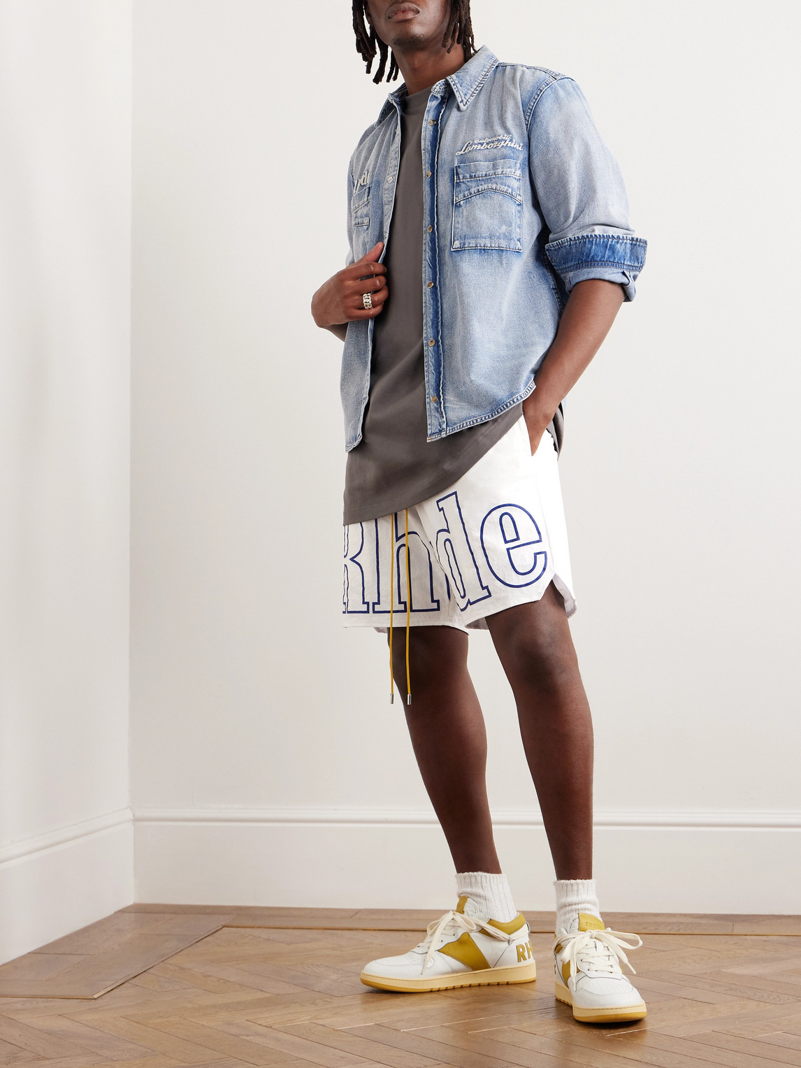Shop Rhude Straight-leg Logo-print Nylon Drawstring Shorts In White