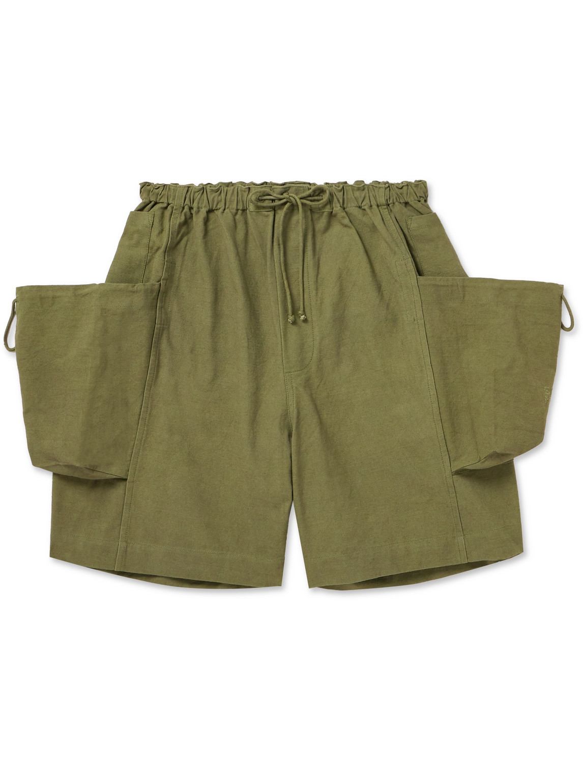 Story Mfg. Salt Wide-leg Embroidered Slub Organic Cotton Drawstring Shorts In Green
