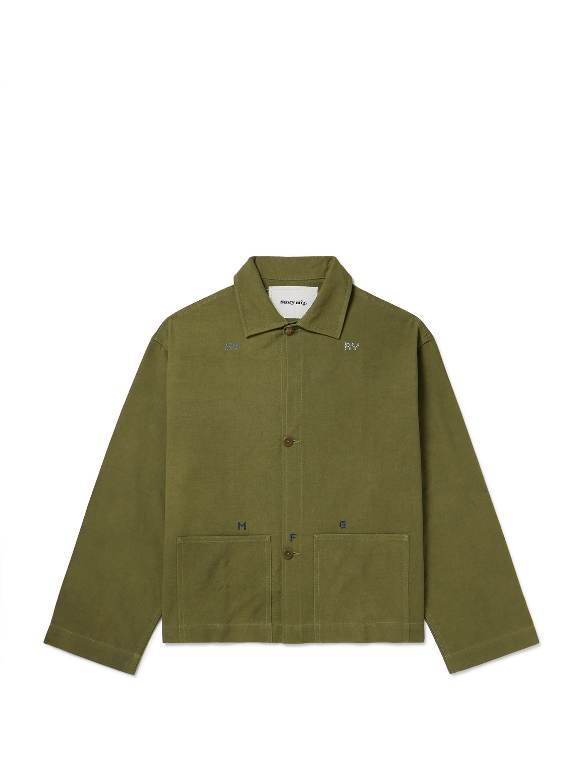 Story Mfg. Embroidered Organic Cotton-canvas Overshirt In Green