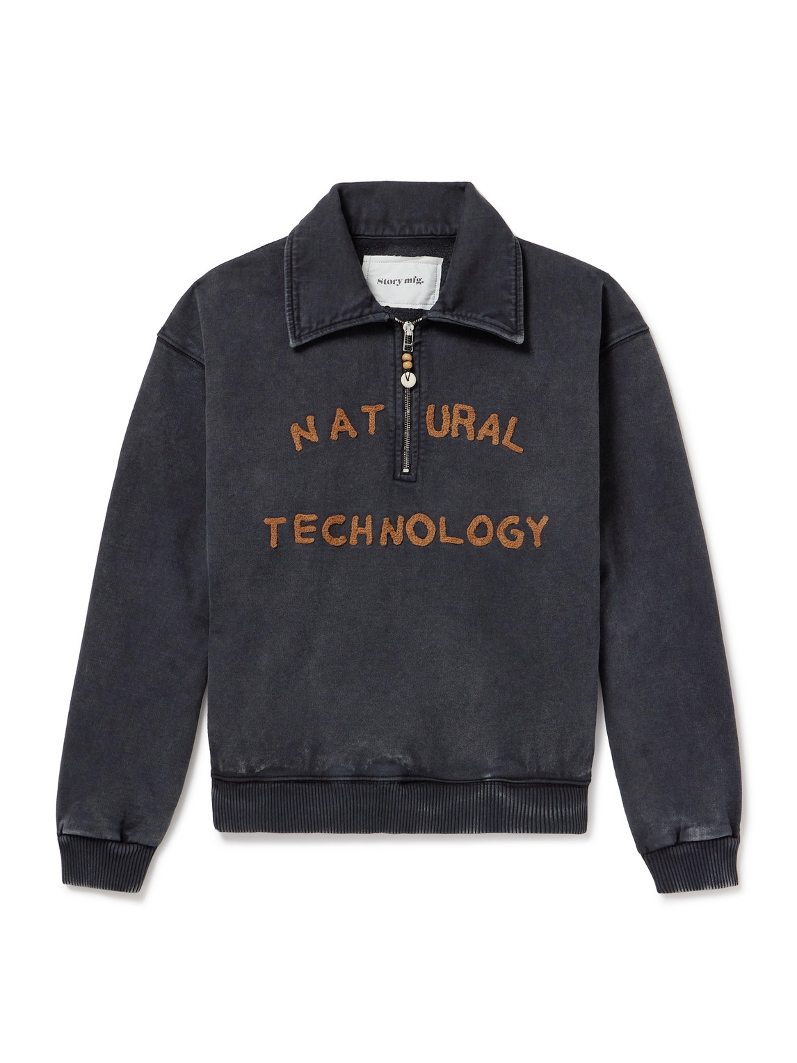 Story Mfg. Geo Appliquéd Organic Cotton-jersey Half-zip Sweatshirt In Black