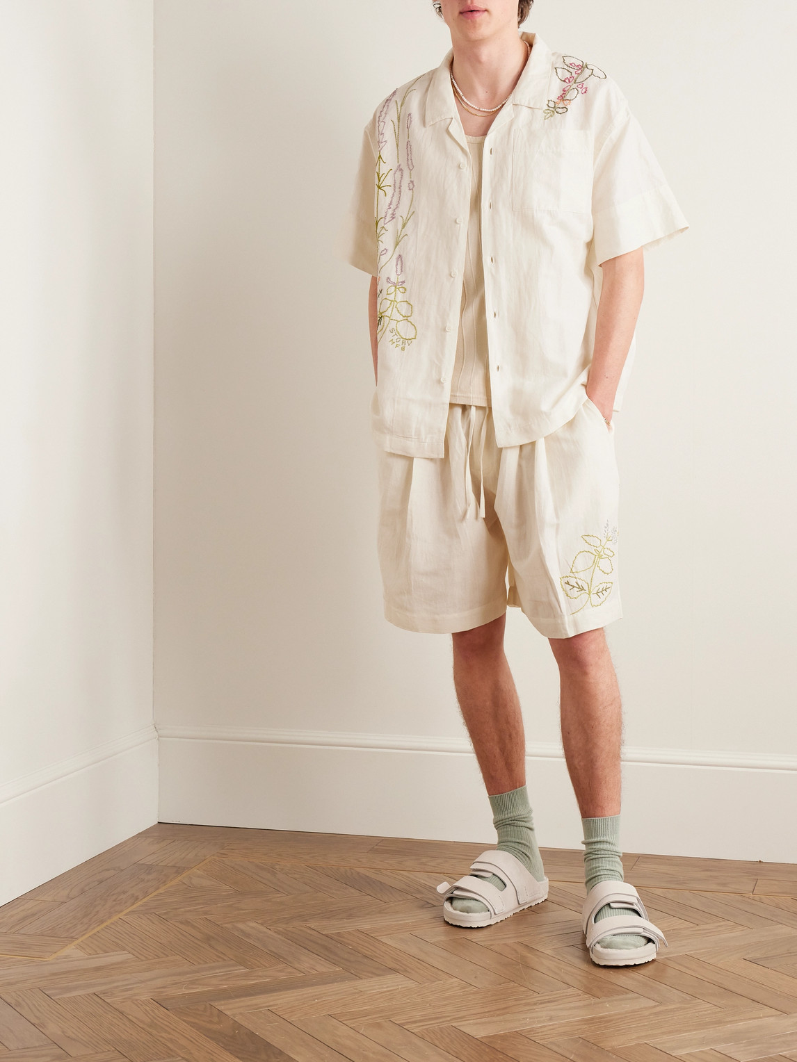 Shop Story Mfg. Bridge Wide-leg Embroidered Cotton And Linen-blend Drawstring Shorts In Neutrals