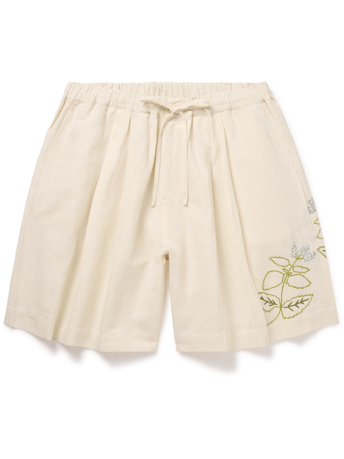 Story Mfg. Bridge Wide-leg Embroidered Cotton And Linen-blend Drawstring Shorts In Neutrals