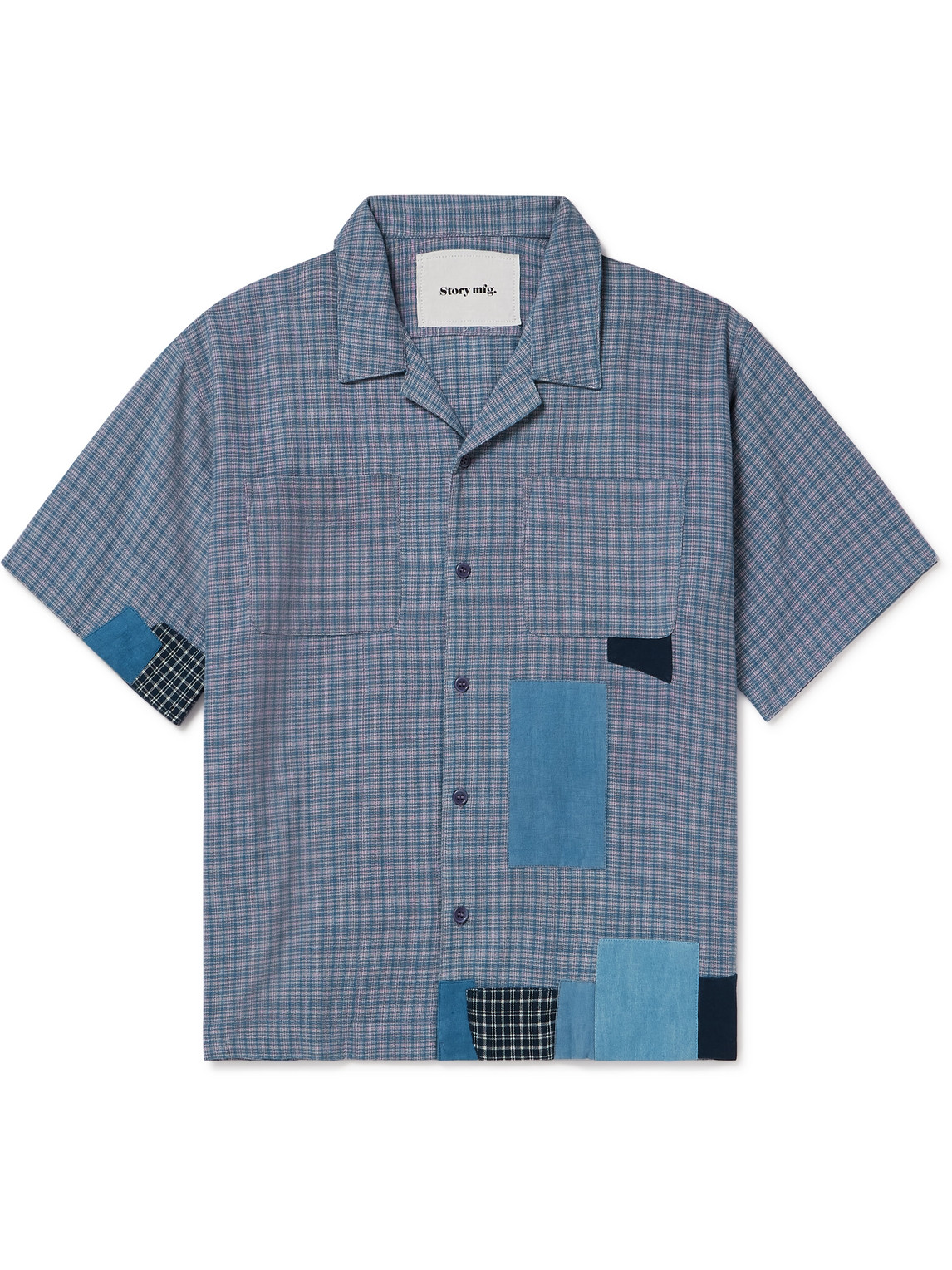 Story Mfg. Pa Camp-collar Checked Organic Cotton Shirt In Blue