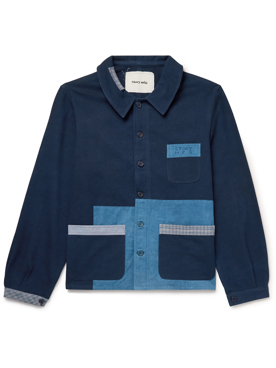 Shop Story Mfg. French Logo-embroidered Patchwork Organic Cotton-canvas Jacket In Blue