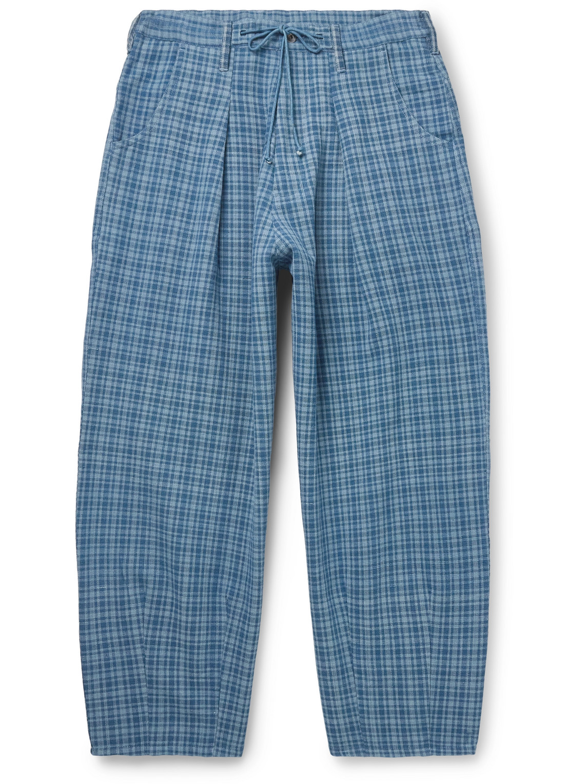 Story Mfg. Lush Tapered Pleated Checked Organic Cotton Drawstring Trousers In Blue