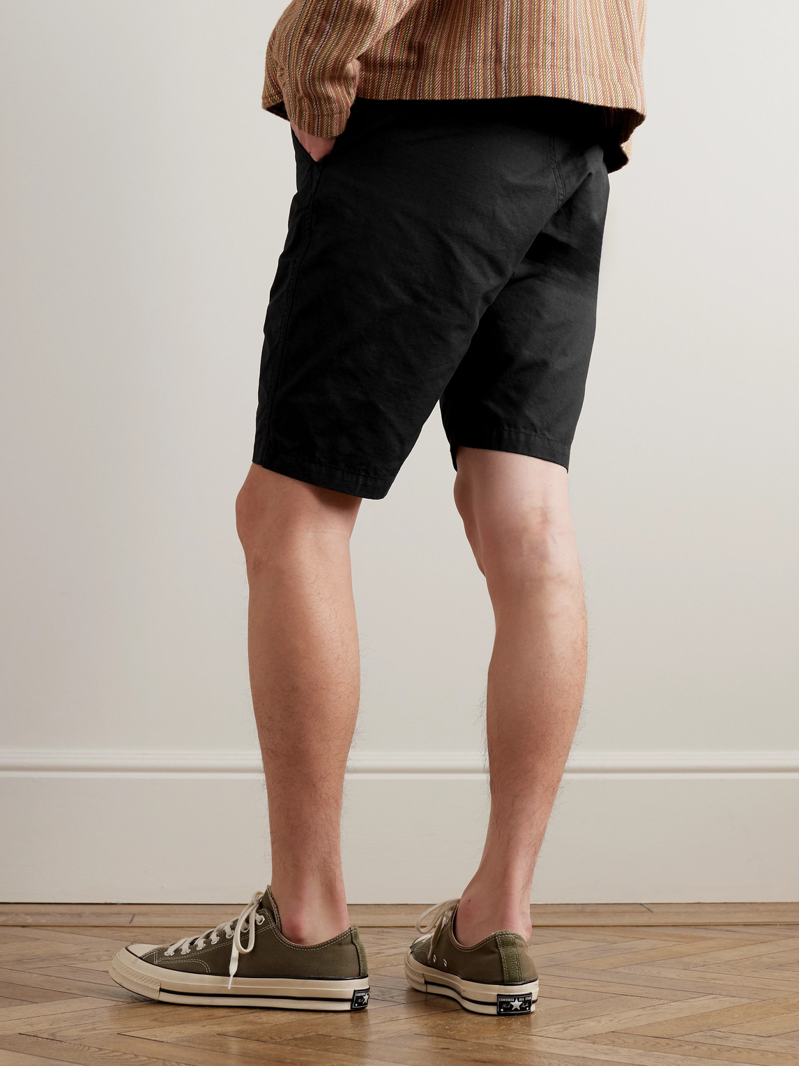 Shop Orslow New Yorker Straight-leg Cotton-ripstop Drawstring Shorts In Black