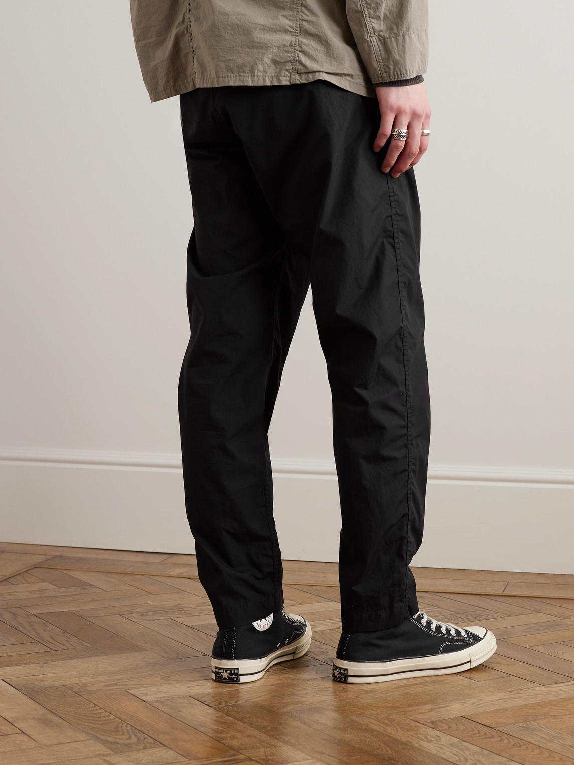 Shop Orslow New Yorker Tapered Cotton Drawstring Trousers In Black